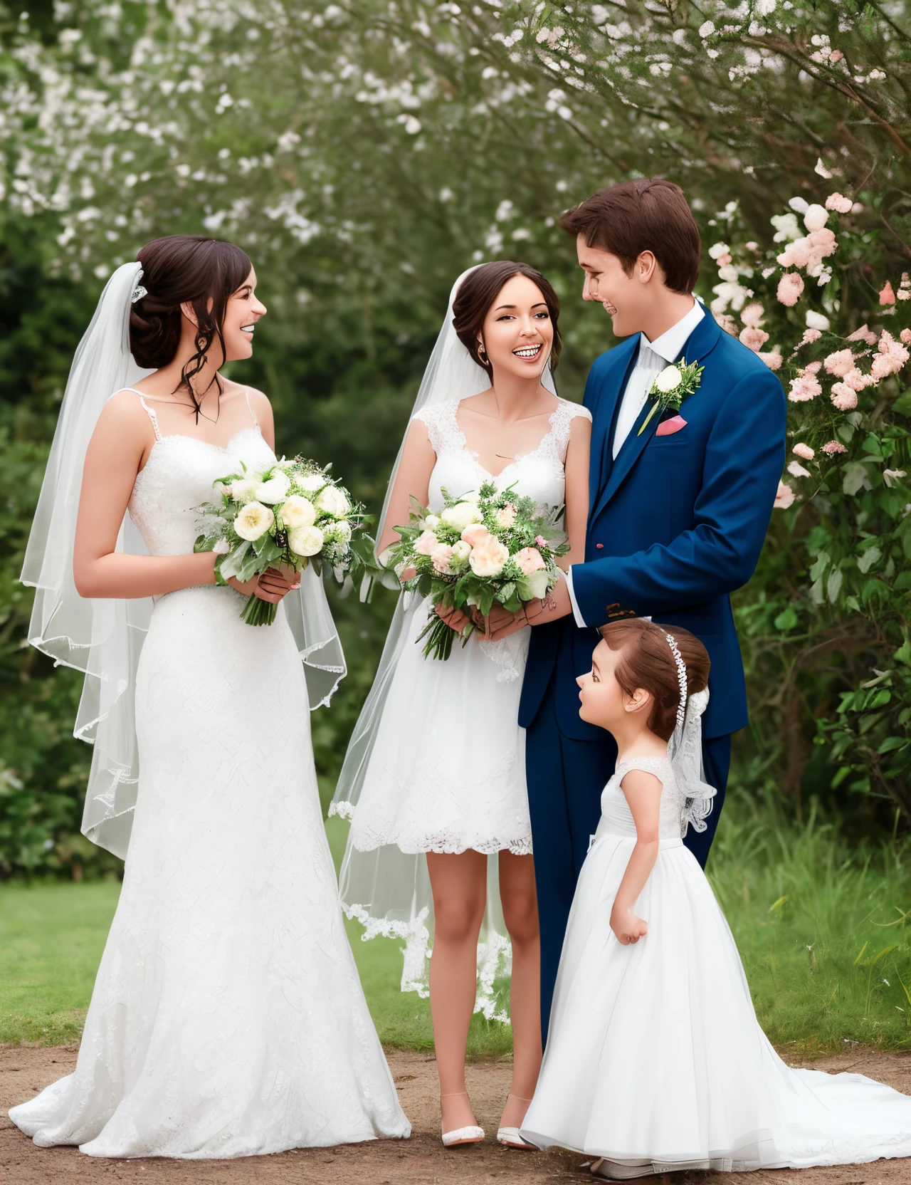 Disney Pixar AI bride and groom admiring little daughter in a white dress holding a flower 3Dimage