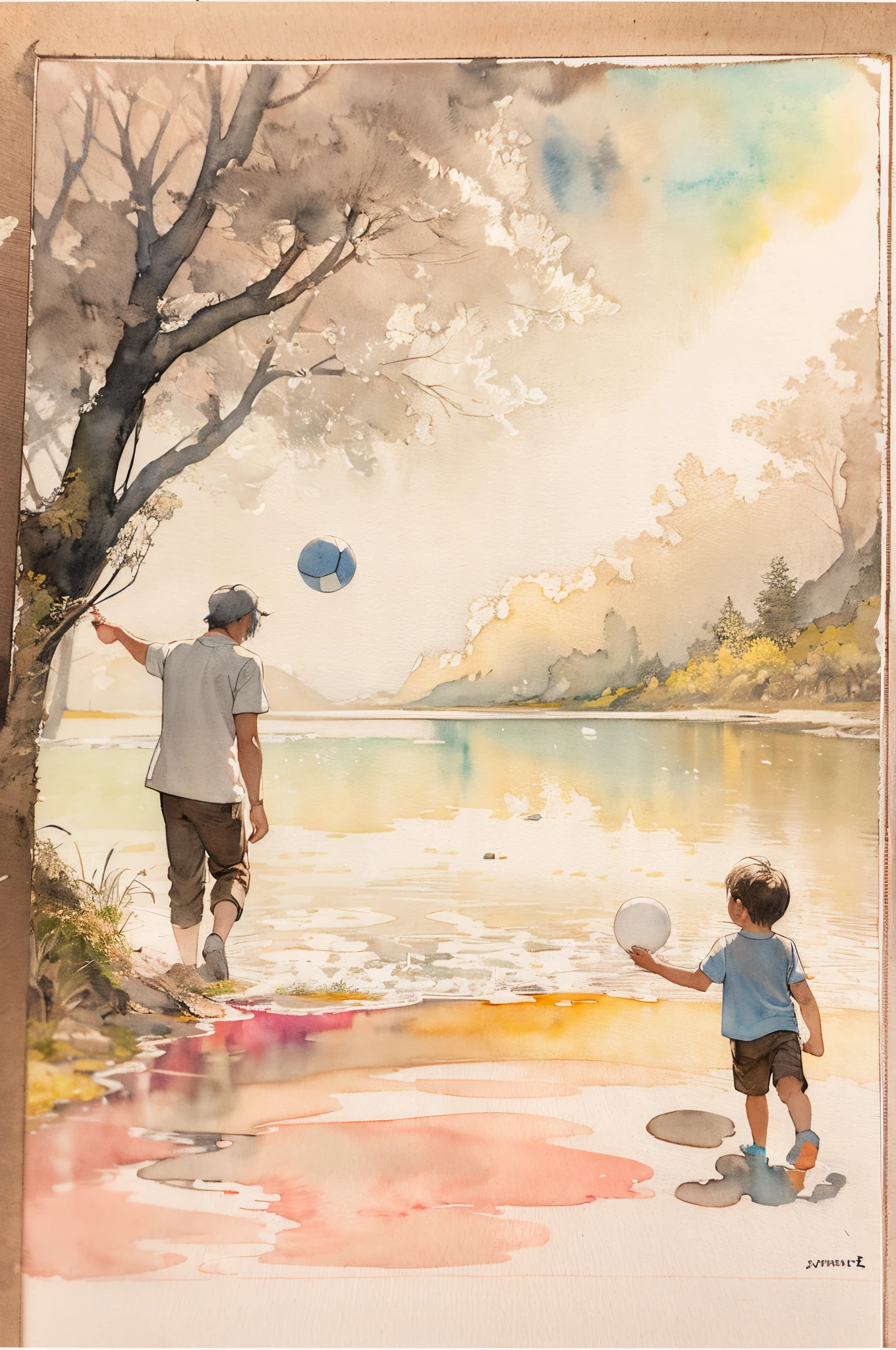 (Depth composition) Father and son playing catch. This is the last time I played with my father in my memory. It is a precious memory that I will never forget.(Ink on Japanese paper, which tends to bleed easily)(contemporary art like a picture book) (transparent watercolor) (light itself expressed as real) (layers of soft, rich colors) (shades of paint dissolved thinly with water) (deep, delicate colors)