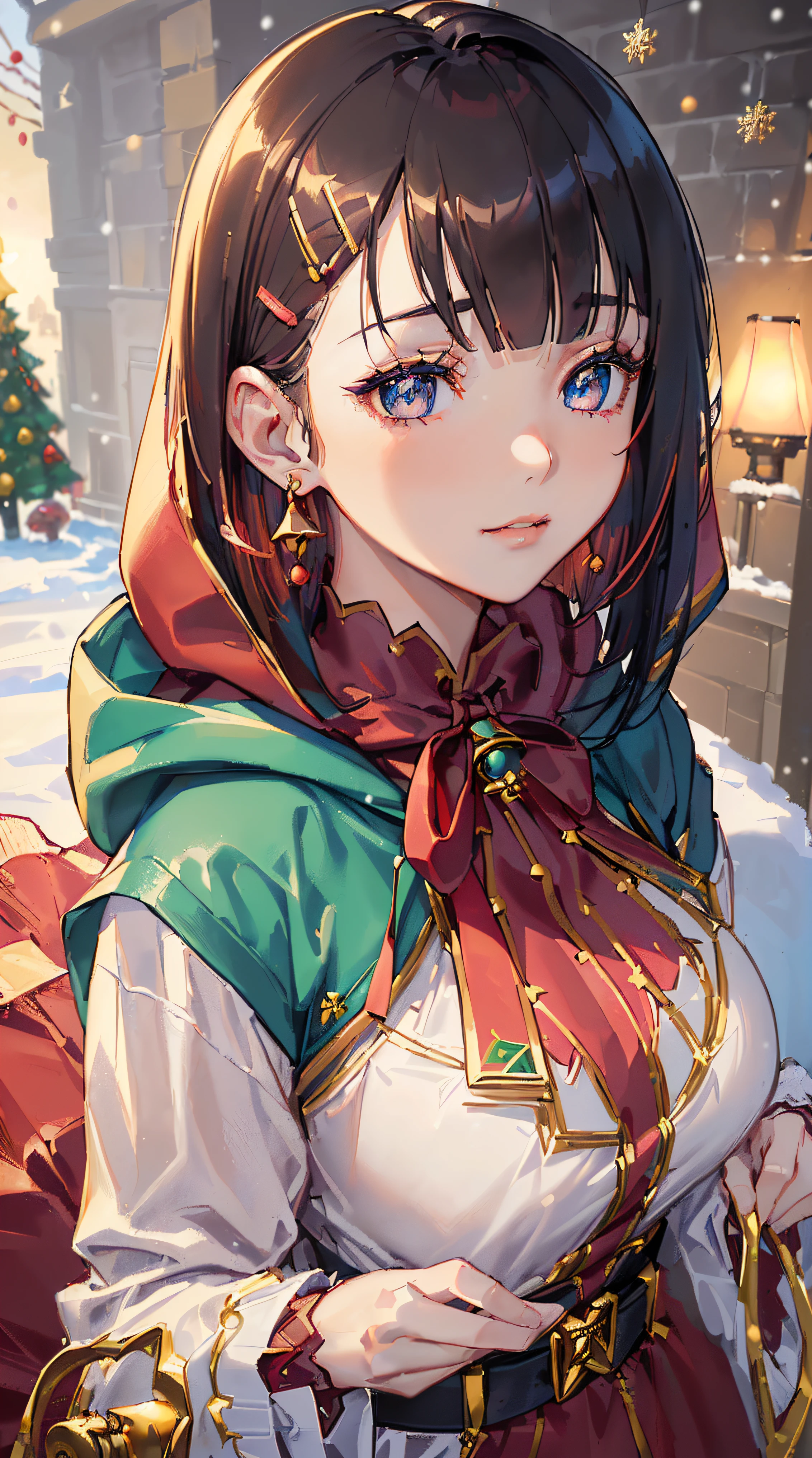 ((((christmas theme,meticulous portrayal of face，1 noblewoman，a matural female，))))(pink dress long coat，)(dark night background+,perfect background)，Prom，Court etiquette，  s the perfect face， Perfect lips， perfect  eyes,)(((opera style,red hair,baggy coat,large hoodie,)))，((1lady,adorable korean mixed race of Saudi Arabia girl，rosto magro，Solo,smokey makeup,smug,))(Masterpiece,Best quality, offcial art, Beautiful and aesthetic:1.2),((超高分辨率,Golden ratio,)) (16k),((((christmas trees,snowing,))))((melon face，from above，1JK,bells,candy sticks)),(Physically-based rendering),Amazing,Sharp focus, (((highdetailskin,))),Intricately detailed clothing，red pupils,Hexagram pupils,intricate pupils,((((detailed hair|short hair|long bangs|blunt bangs)))),((Slender,))(masterpiece sidelighting),(The sheen),(beautiful hair,beautiful eyes,）[[Delicate fingers and hands:0.55]::0.85],(Detail fingers),(((Superior quality)))),((unbelievable Ridiculous,)),((extremely_Detailed_Eyes_and_face)),Movie girl,(Dynamic configuration: 1.2),Brilliant,Beautiful woman, (Photorealistic),( maple,), mitts, triangle crystal earrings, ((hairclip)), Light particles, view the sky,  petals, Side Rock,, two-sided fabric