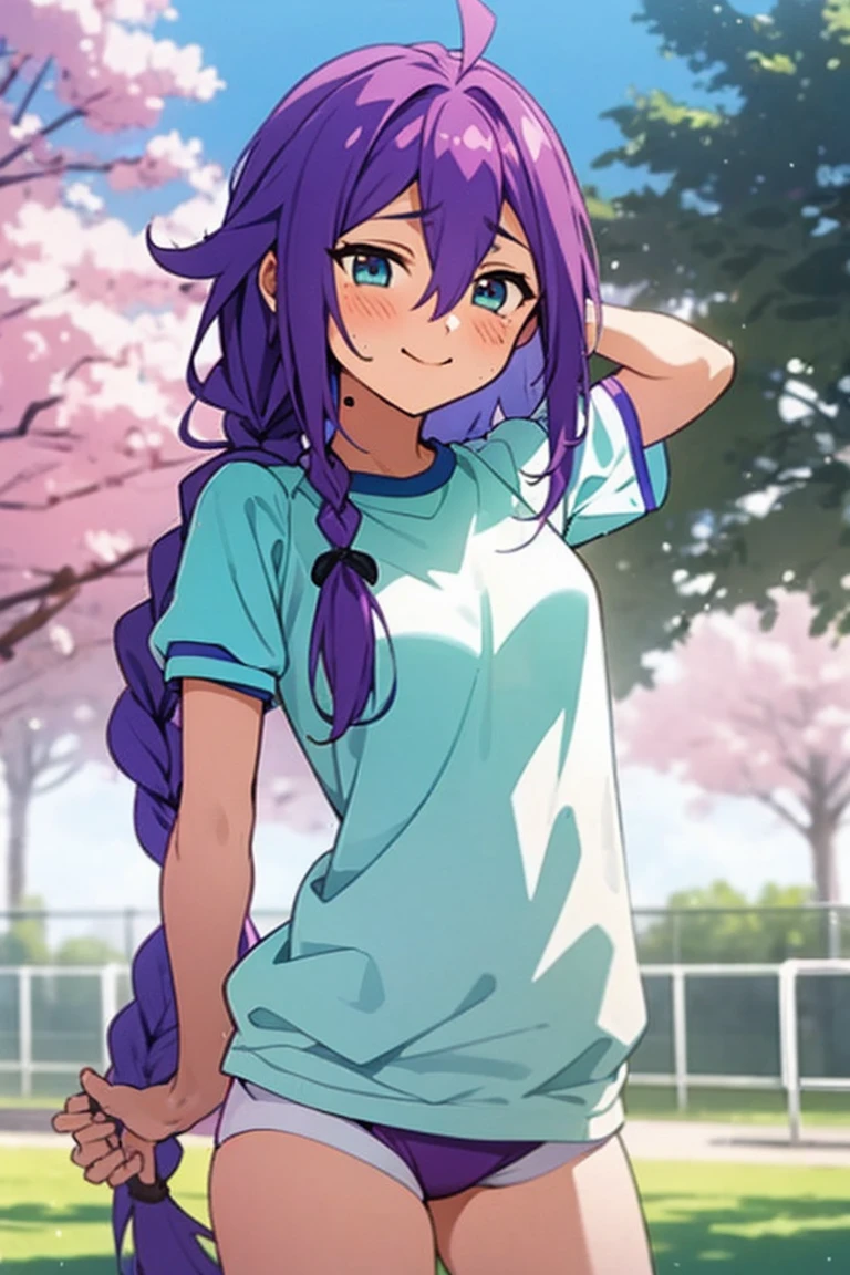 long hair, mole under mouth, purple hair, single braid, hair between eyes, aqua eyes, ***********, ahoge, blush, smile, cowboy shot, small breasts, thighs, 1girl, white gym uniform, bloomers, outdoors, brm