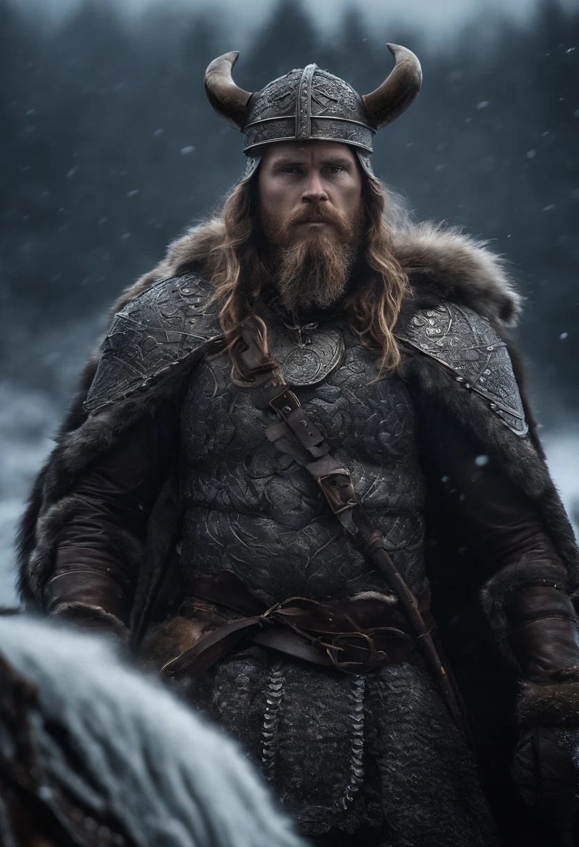 Envision an epic scene featuring a viking-inspired man adorned in highly detailed armor crafted from dragon bones, standing in a dark and foggy landscape with snow blowing behind him. Zoom in on micro-details, capturing the intricacies of his warpaint, armor, and the overall atmospheric setting.
Highlight the viking's warpaint with precise detailing, emphasizing the patterns and symbols that contribute to the fierce and intimidating appearance. Focus on the dragon bone armor, showcasing the intricate design, textures, and unique features that set it apart, all illuminated by the dim light of the torch.
Zoom in on the viking's face, capturing the determination and intensity in his expression as he holds the torch, which becomes the sole source of light in the dark and foggy scene. Emphasize the flickering light casting shadows on his features, adding depth and mystery.
Consider the snow blowing behind the viking, integrating the dynamic movement of the snowflakes into the scene. Use the dark and foggy atmosphere to create an otherworldly ambiance, enhancing the viking's imposing presence amidst the wintry landscape.
Imagine the viking in a powerful stance, ready for battle or surveying the desolate surroundings. Integrate elements like fur detailing on his attire, capturing the harshness of the environment. Craft an immersive and visually compelling scene that brings together the micro-details of the viking's appearance with the atmospheric elements of the dark, foggy, and snowy landscape.
This detailed prompt aims to inspire the creation of a highly detailed and visually captivating depiction of a viking-looking man in dragon bone armor, set in a dark and foggy scene with blowing snow, with the torchlight providing the sole source of illumination and emphasizing intricate micro-details.