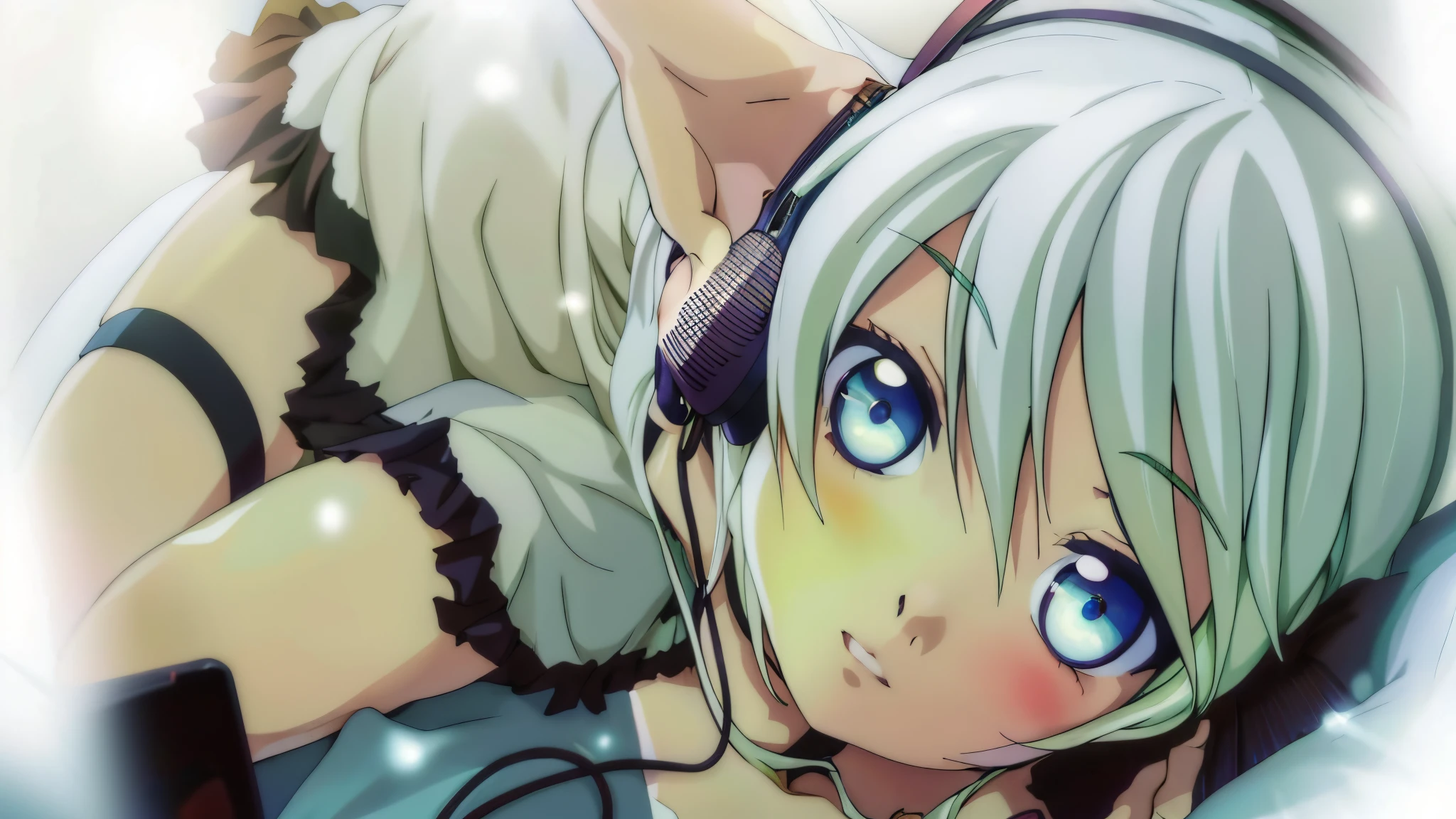 anime girl laying on a bed with headphones on, silk nightgown, anime style 4 k, ultra hd anime wallpaper, anime hd wallpaper, hd anime wallpaper, hd anime wallaper, best anime 4k konachan wallpaper, anime girl desktop background, 4k anime wallpaper, perfect light green haired girl, anime wallaper