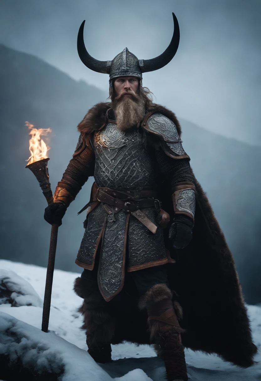Envision an epic scene featuring a viking-inspired man adorned in highly detailed armor crafted from dragon bones, standing in a dark and foggy landscape with snow blowing behind him. Zoom in on micro-details, capturing the intricacies of his warpaint, armor, and the overall atmospheric setting.
Highlight the viking's warpaint with precise detailing, emphasizing the patterns and symbols that contribute to the fierce and intimidating appearance. Focus on the dragon bone armor, showcasing the intricate design, textures, and unique features that set it apart, all illuminated by the dim light of the torch.
Zoom in on the viking's face, capturing the determination and intensity in his expression as he holds the torch, which becomes the sole source of light in the dark and foggy scene. Emphasize the flickering light casting shadows on his features, adding depth and mystery.
Consider the snow blowing behind the viking, integrating the dynamic movement of the snowflakes into the scene. Use the dark and foggy atmosphere to create an otherworldly ambiance, enhancing the viking's imposing presence amidst the wintry landscape.
Imagine the viking in a powerful stance, ready for battle or surveying the desolate surroundings. Integrate elements like fur detailing on his attire, capturing the harshness of the environment. Craft an immersive and visually compelling scene that brings together the micro-details of the viking's appearance with the atmospheric elements of the dark, foggy, and snowy landscape.
This detailed prompt aims to inspire the creation of a highly detailed and visually captivating depiction of a viking-looking man in dragon bone armor, set in a dark and foggy scene with blowing snow, with the torchlight providing the sole source of illumination and emphasizing intricate micro-details. Intricate armour, holding torch