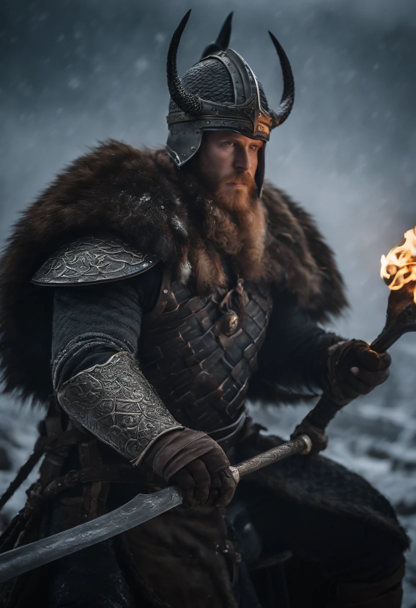 Envision an epic scene featuring a viking-inspired man adorned in highly detailed armor crafted from dragon bones, standing in a dark and foggy landscape with snow blowing behind him. Zoom in on micro-details, capturing the intricacies of his warpaint, armor, and the overall atmospheric setting.

Highlight the viking's warpaint with precise detailing, emphasizing the patterns and symbols that contribute to the fierce and intimidating appearance. Focus on the dragon bone armor, showcasing the intricate design, textures, and unique features that set it apart, all illuminated by the dim light of the torch.

Zoom in on the viking's face, capturing the determination and intensity in his expression as he holds the torch, which becomes the sole source of light in the dark and foggy scene. Emphasize the flickering light casting shadows on his features, adding depth and mystery.

Consider the snow blowing behind the viking, integrating the dynamic movement of the snowflakes into the scene. Use the dark and foggy atmosphere to create an otherworldly ambiance, enhancing the viking's imposing presence amidst the wintry landscape.

Imagine the viking in a powerful stance, ready for battle or surveying the desolate surroundings. Integrate elements like fur detailing on his attire, capturing the harshness of the environment. Craft an immersive and visually compelling scene that brings together the micro-details of the viking's appearance with the atmospheric elements of the dark, foggy, and snowy landscape.

This detailed prompt aims to inspire the creation of a highly detailed and visually captivating depiction of a viking-looking man in dragon bone armor, set in a dark and foggy scene with blowing snow, with the torchlight providing the sole source of illumination and emphasizing intricate micro-details. Intricate armour, holding torch