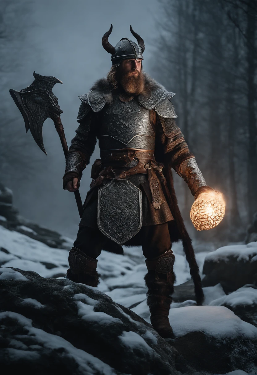 Envision an epic scene featuring a viking-inspired man adorned in highly detailed armor crafted from dragon bones, standing in a dark and foggy landscape with snow blowing behind him. Zoom in on micro-details, capturing the intricacies of his warpaint, armor, and the overall atmospheric setting.
Highlight the viking's warpaint with precise detailing, emphasizing the patterns and symbols that contribute to the fierce and intimidating appearance. Focus on the dragon bone armor, showcasing the intricate design, textures, and unique features that set it apart, all illuminated by the dim light of the torch.
Zoom in on the viking's face, capturing the determination and intensity in his expression as he holds the torch, which becomes the sole source of light in the dark and foggy scene. Emphasize the flickering light casting shadows on his features, adding depth and mystery.
Consider the snow blowing behind the viking, integrating the dynamic movement of the snowflakes into the scene. Use the dark and foggy atmosphere to create an otherworldly ambiance, enhancing the viking's imposing presence amidst the wintry landscape.
Imagine the viking in a powerful stance, ready for battle or surveying the desolate surroundings. Integrate elements like fur detailing on his attire, capturing the harshness of the environment. Craft an immersive and visually compelling scene that brings together the micro-details of the viking's appearance with the atmospheric elements of the dark, foggy, and snowy landscape.
This detailed prompt aims to inspire the creation of a highly detailed and visually captivating depiction of a viking-looking man in dragon bone armor, set in a dark and foggy scene with blowing snow, with the torchlight providing the sole source of illumination and emphasizing intricate micro-details. Intricate armour, holding torch