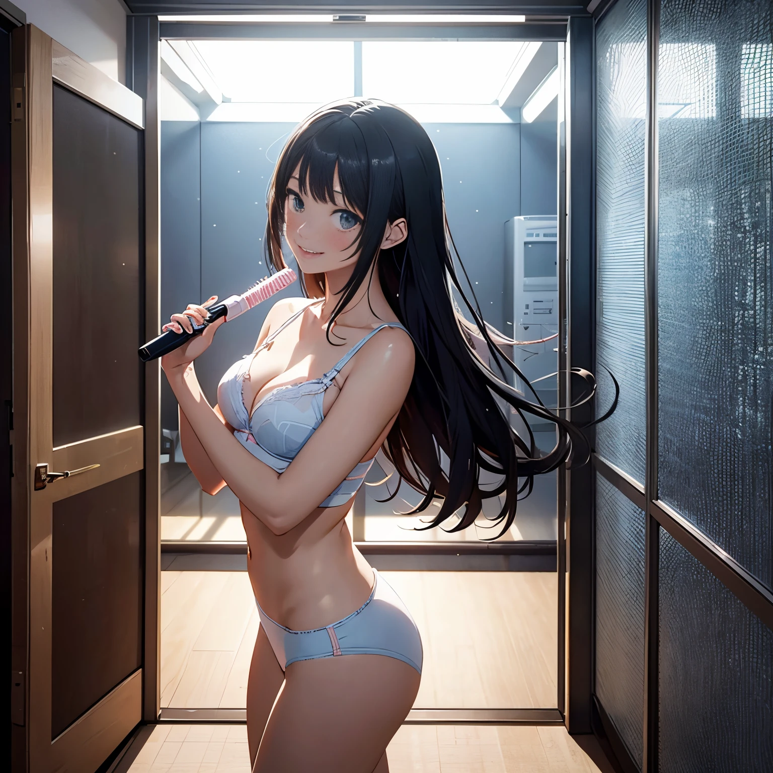 anime style, best possible quality, futuristic room woman of random ethnicity, just in panties and bra, locked in the room dancing, doors and windows locked, led light, music player with playlist projected on the wall, she sings while holding a hairbrush close to her mouth, she smiles and has fun