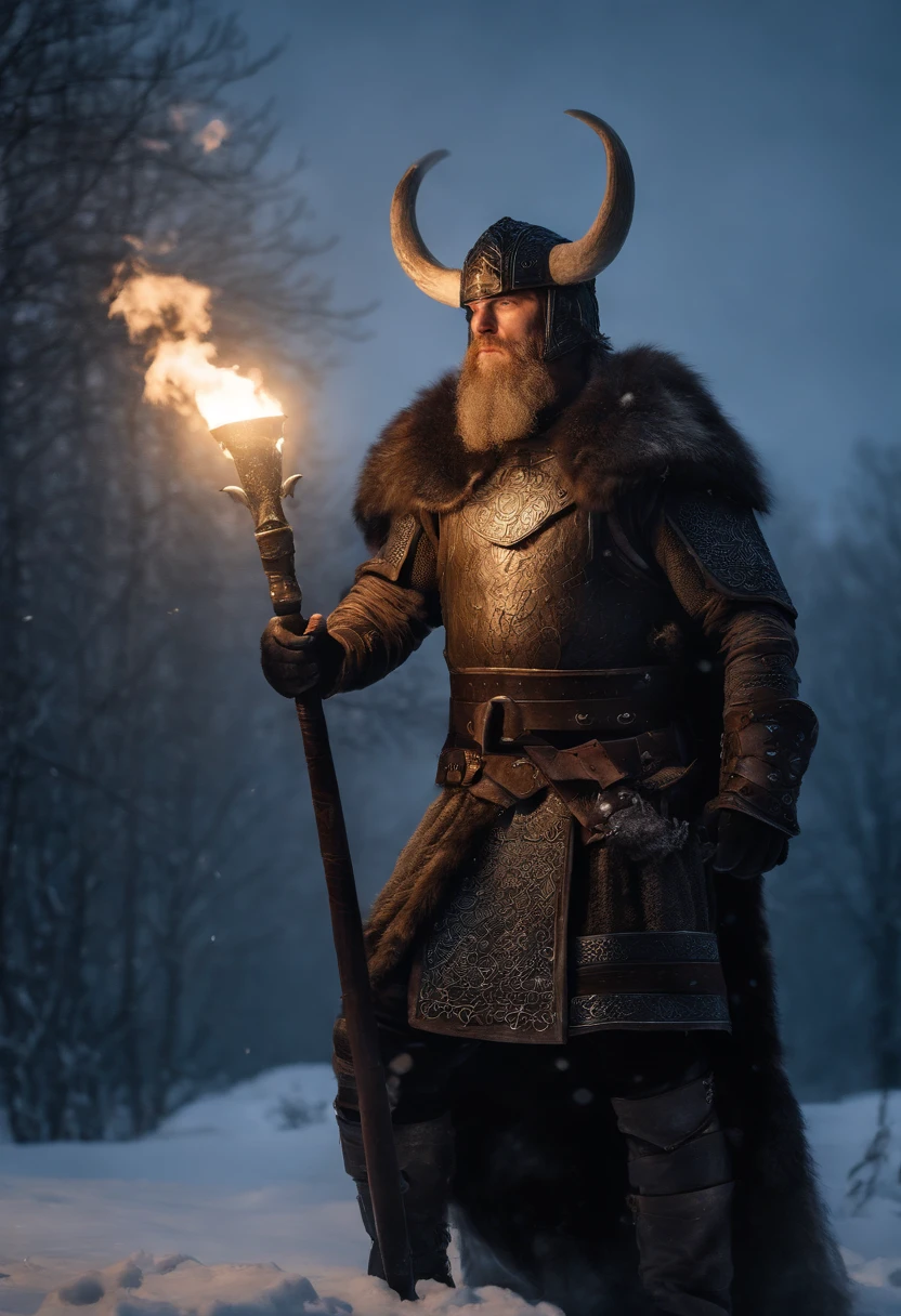 Envision an epic scene featuring a viking-inspired man adorned in highly detailed armor crafted from dragon bones, standing in a dark and foggy landscape with snow blowing behind him. Zoom in on micro-details, capturing the intricacies of his warpaint, armor, and the overall atmospheric setting.

Highlight the viking's warpaint with precise detailing, emphasizing the patterns and symbols that contribute to the fierce and intimidating appearance. Focus on the dragon bone armor, showcasing the intricate design, textures, and unique features that set it apart, all illuminated by the dim light of the torch.

Zoom in on the viking's face, capturing the determination and intensity in his expression as he holds the torch, which becomes the sole source of light in the dark and foggy scene. Emphasize the flickering light casting shadows on his features, adding depth and mystery.

Consider the snow blowing behind the viking, integrating the dynamic movement of the snowflakes into the scene. Use the dark and foggy atmosphere to create an otherworldly ambiance, enhancing the viking's imposing presence amidst the wintry landscape.

Imagine the viking in a powerful stance, ready for battle or surveying the desolate surroundings. Integrate elements like fur detailing on his attire, capturing the harshness of the environment. Craft an immersive and visually compelling scene that brings together the micro-details of the viking's appearance with the atmospheric elements of the dark, foggy, and snowy landscape.

This detailed prompt aims to inspire the creation of a highly detailed and visually captivating depiction of a viking-looking man in dragon bone armor, set in a dark and foggy scene with blowing snow, with the torchlight providing the sole source of illumination and emphasizing intricate micro-details.