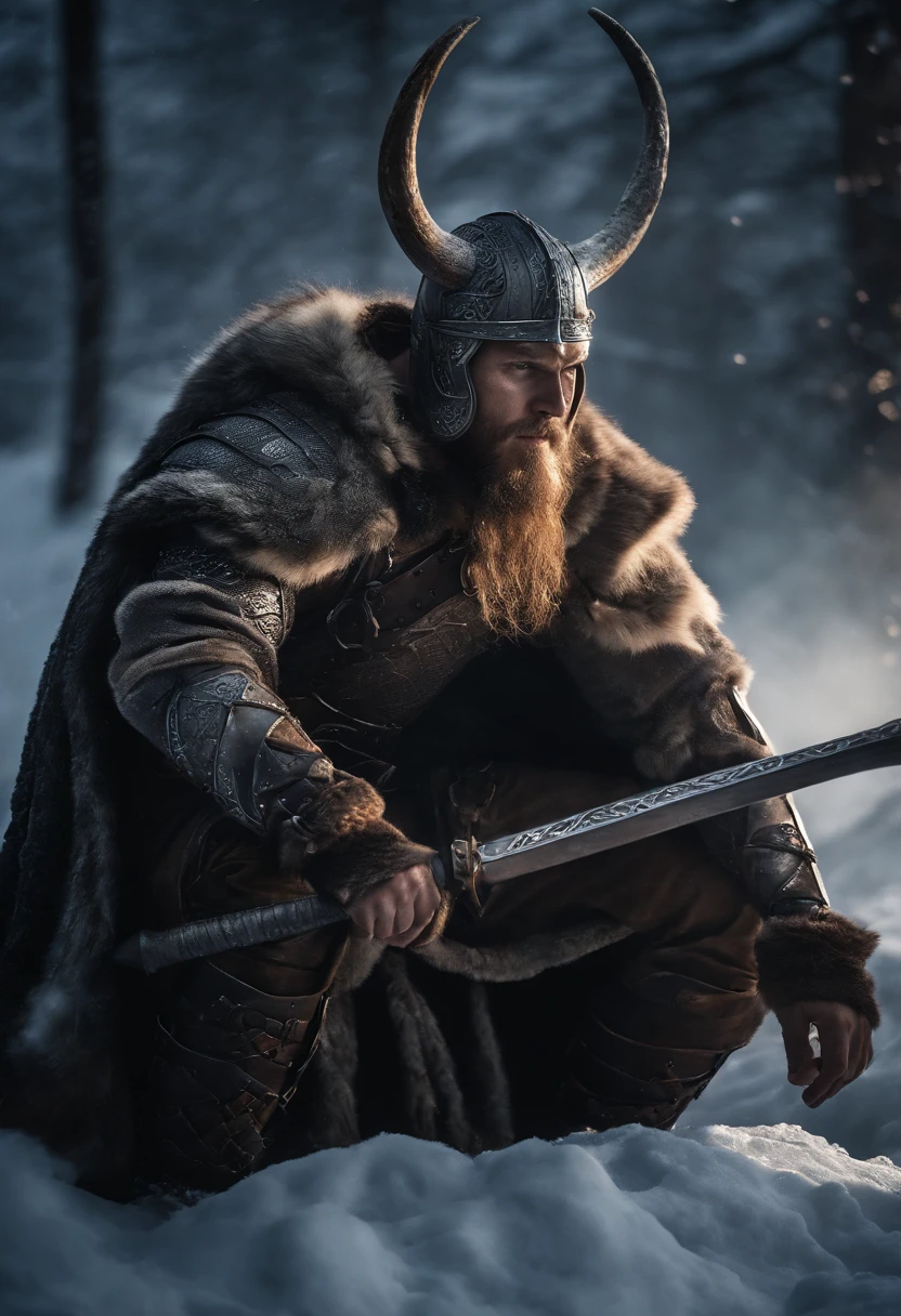 Envision an epic scene featuring a viking-inspired man adorned in highly detailed armor crafted from dragon bones, standing in a dark and foggy landscape with snow blowing behind him. Zoom in on micro-details, capturing the intricacies of his warpaint, armor, and the overall atmospheric setting.
Highlight the viking's warpaint with precise detailing, emphasizing the patterns and symbols that contribute to the fierce and intimidating appearance. Focus on the dragon bone armor, showcasing the intricate design, textures, and unique features that set it apart, all illuminated by the dim light of the torch.
Zoom in on the viking's face, capturing the determination and intensity in his expression as he holds the torch, which becomes the sole source of light in the dark and foggy scene. Emphasize the flickering light casting shadows on his features, adding depth and mystery.
Consider the snow blowing behind the viking, integrating the dynamic movement of the snowflakes into the scene. Use the dark and foggy atmosphere to create an otherworldly ambiance, enhancing the viking's imposing presence amidst the wintry landscape.
Imagine the viking in a powerful stance, ready for battle or surveying the desolate surroundings. Integrate elements like fur detailing on his attire, capturing the harshness of the environment. Craft an immersive and visually compelling scene that brings together the micro-details of the viking's appearance with the atmospheric elements of the dark, foggy, and snowy landscape.
This detailed prompt aims to inspire the creation of a highly detailed and visually captivating depiction of a viking-looking man in dragon bone armor, set in a dark and foggy scene with blowing snow, with the torchlight providing the sole source of illumination and emphasizing intricate micro-details.