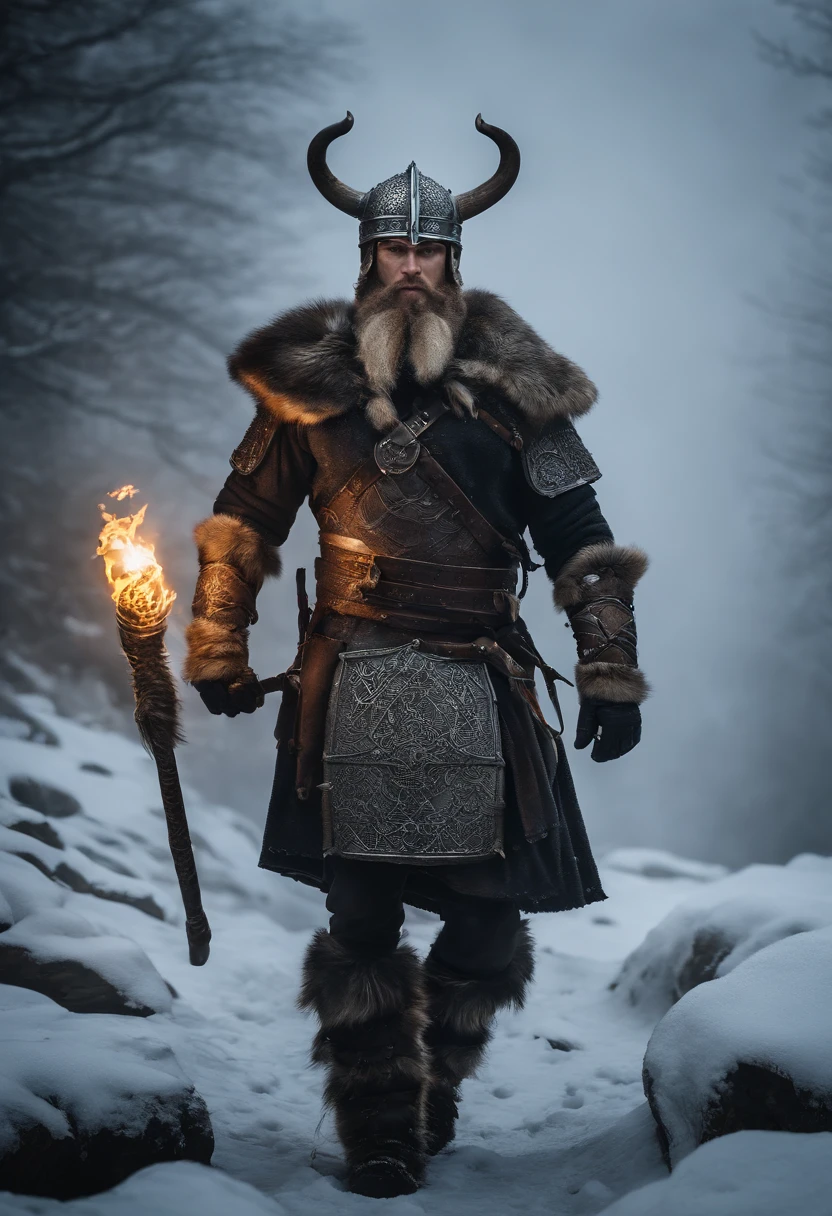 Envision an epic scene featuring a viking-inspired man adorned in highly detailed armor crafted from dragon bones, standing in a dark and foggy landscape with snow blowing behind him. Zoom in on micro-details, capturing the intricacies of his warpaint, armor, and the overall atmospheric setting.
Highlight the viking's warpaint with precise detailing, emphasizing the patterns and symbols that contribute to the fierce and intimidating appearance. Focus on the dragon bone armor, showcasing the intricate design, textures, and unique features that set it apart, all illuminated by the dim light of the torch.
Zoom in on the viking's face, capturing the determination and intensity in his expression as he holds the torch, which becomes the sole source of light in the dark and foggy scene. Emphasize the flickering light casting shadows on his features, adding depth and mystery.
Consider the snow blowing behind the viking, integrating the dynamic movement of the snowflakes into the scene. Use the dark and foggy atmosphere to create an otherworldly ambiance, enhancing the viking's imposing presence amidst the wintry landscape.
Imagine the viking in a powerful stance, ready for battle or surveying the desolate surroundings. Integrate elements like fur detailing on his attire, capturing the harshness of the environment. Craft an immersive and visually compelling scene that brings together the micro-details of the viking's appearance with the atmospheric elements of the dark, foggy, and snowy landscape.
This detailed prompt aims to inspire the creation of a highly detailed and visually captivating depiction of a viking-looking man in dragon bone armor, set in a dark and foggy scene with blowing snow, with the torchlight providing the sole source of illumination and emphasizing intricate micro-details.