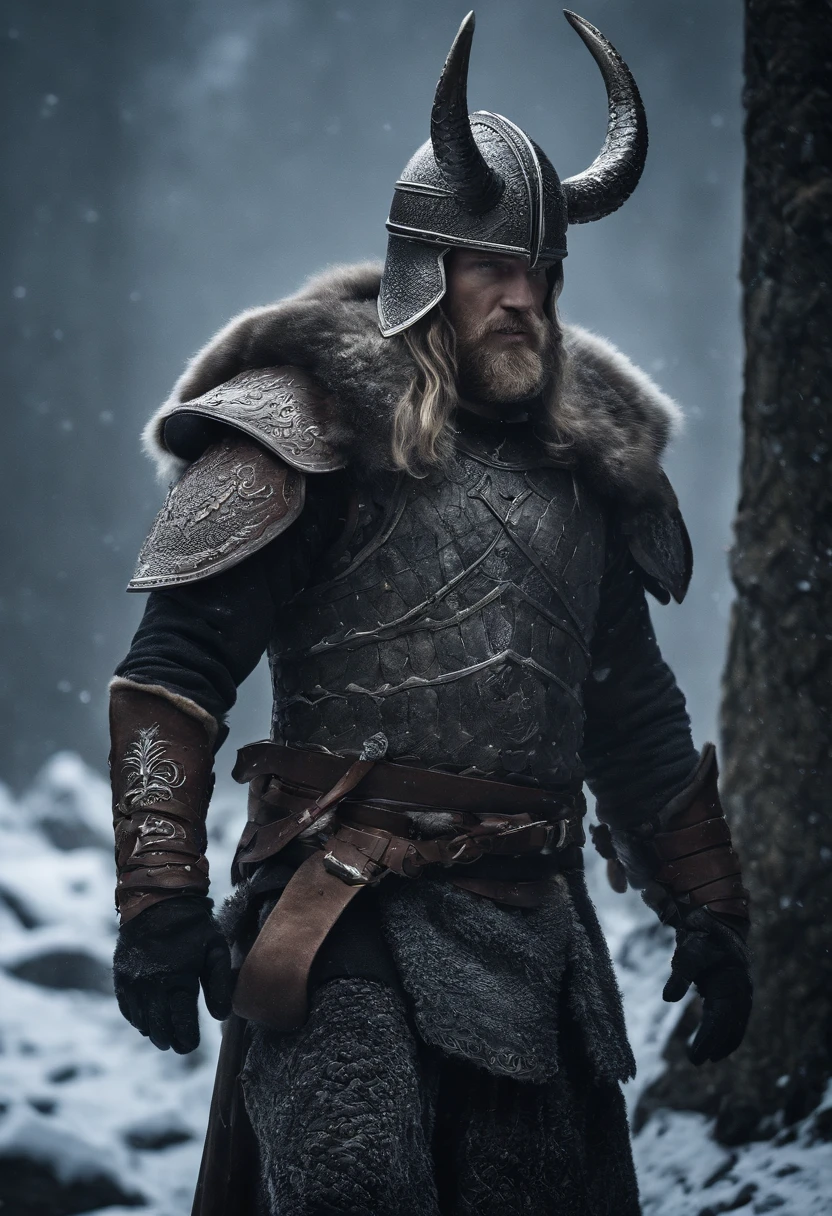 Envision an epic scene featuring a viking-inspired man adorned in highly detailed armor crafted from dragon bones, standing in a dark and foggy landscape with snow blowing behind him. Zoom in on micro-details, capturing the intricacies of his warpaint, armor, and the overall atmospheric setting.
Highlight the viking's warpaint with precise detailing, emphasizing the patterns and symbols that contribute to the fierce and intimidating appearance. Focus on the dragon bone armor, showcasing the intricate design, textures, and unique features that set it apart, all illuminated by the dim light of the torch.
Zoom in on the viking's face, capturing the determination and intensity in his expression as he holds the torch, which becomes the sole source of light in the dark and foggy scene. Emphasize the flickering light casting shadows on his features, adding depth and mystery.
Consider the snow blowing behind the viking, integrating the dynamic movement of the snowflakes into the scene. Use the dark and foggy atmosphere to create an otherworldly ambiance, enhancing the viking's imposing presence amidst the wintry landscape.
Imagine the viking in a powerful stance, ready for battle or surveying the desolate surroundings. Integrate elements like fur detailing on his attire, capturing the harshness of the environment. Craft an immersive and visually compelling scene that brings together the micro-details of the viking's appearance with the atmospheric elements of the dark, foggy, and snowy landscape.
This detailed prompt aims to inspire the creation of a highly detailed and visually captivating depiction of a viking-looking man in dragon bone armor, set in a dark and foggy scene with blowing snow, with the torchlight providing the sole source of illumination and emphasizing intricate micro-details. DragonBone Armour
