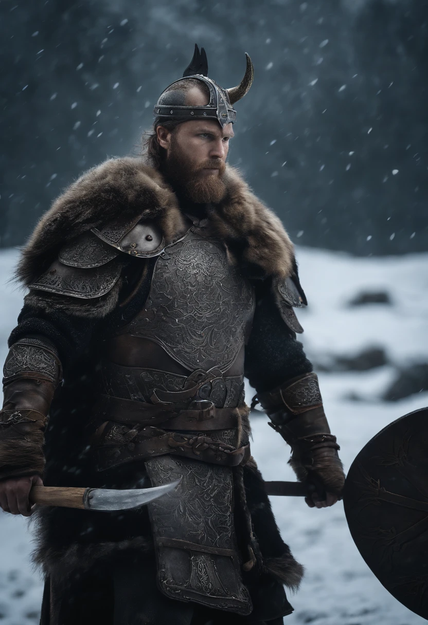Envision an epic scene featuring a viking-inspired man adorned in highly detailed armor crafted from dragon bones, standing in a dark and foggy landscape with snow blowing behind him. Zoom in on micro-details, capturing the intricacies of his warpaint, armor, and the overall atmospheric setting.
Highlight the viking's warpaint with precise detailing, emphasizing the patterns and symbols that contribute to the fierce and intimidating appearance. Focus on the dragon bone armor, showcasing the intricate design, textures, and unique features that set it apart, all illuminated by the dim light of the torch.
Zoom in on the viking's face, capturing the determination and intensity in his expression as he holds the torch, which becomes the sole source of light in the dark and foggy scene. Emphasize the flickering light casting shadows on his features, adding depth and mystery.
Consider the snow blowing behind the viking, integrating the dynamic movement of the snowflakes into the scene. Use the dark and foggy atmosphere to create an otherworldly ambiance, enhancing the viking's imposing presence amidst the wintry landscape.
Imagine the viking in a powerful stance, ready for battle or surveying the desolate surroundings. Integrate elements like fur detailing on his attire, capturing the harshness of the environment. Craft an immersive and visually compelling scene that brings together the micro-details of the viking's appearance with the atmospheric elements of the dark, foggy, and snowy landscape.
This detailed prompt aims to inspire the creation of a highly detailed and visually captivating depiction of a viking-looking man in dragon bone armor, set in a dark and foggy scene with blowing snow, with the torchlight providing the sole source of illumination and emphasizing intricate micro-details. DragonBone Armour