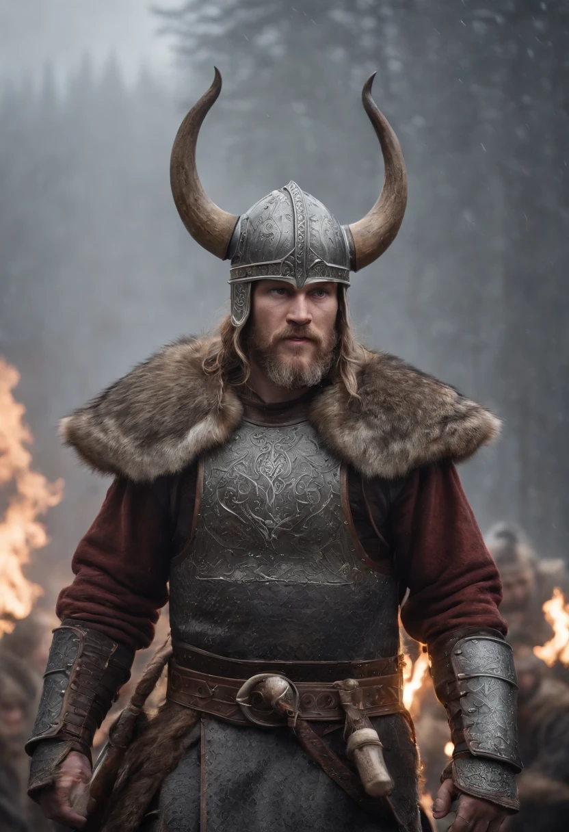 Envision an epic scene featuring a viking-inspired man adorned in highly detailed armor crafted from dragon bones, standing in a dark and foggy landscape with snow blowing behind him. Zoom in on micro-details, capturing the intricacies of his warpaint, armor, and the overall atmospheric setting.

Highlight the viking's warpaint with precise detailing, emphasizing the patterns and symbols that contribute to the fierce and intimidating appearance. Focus on the dragon bone armor, showcasing the intricate design, textures, and unique features that set it apart, all illuminated by the dim light of the torch.

Zoom in on the viking's face, capturing the determination and intensity in his expression as he holds the torch, which becomes the sole source of light in the dark and foggy scene. Emphasize the flickering light casting shadows on his features, adding depth and mystery.

Consider the snow blowing behind the viking, integrating the dynamic movement of the snowflakes into the scene. Use the dark and foggy atmosphere to create an otherworldly ambiance, enhancing the viking's imposing presence amidst the wintry landscape.

Imagine the viking in a powerful stance, ready for battle or surveying the desolate surroundings. Integrate elements like fur detailing on his attire, capturing the harshness of the environment. Craft an immersive and visually compelling scene that brings together the micro-details of the viking's appearance with the atmospheric elements of the dark, foggy, and snowy landscape.

This detailed prompt aims to inspire the creation of a highly detailed and visually captivating depiction of a viking-looking man in dragon bone armor, set in a dark and foggy scene with blowing snow, with the torchlight providing the sole source of illumination and emphasizing intricate micro-details.