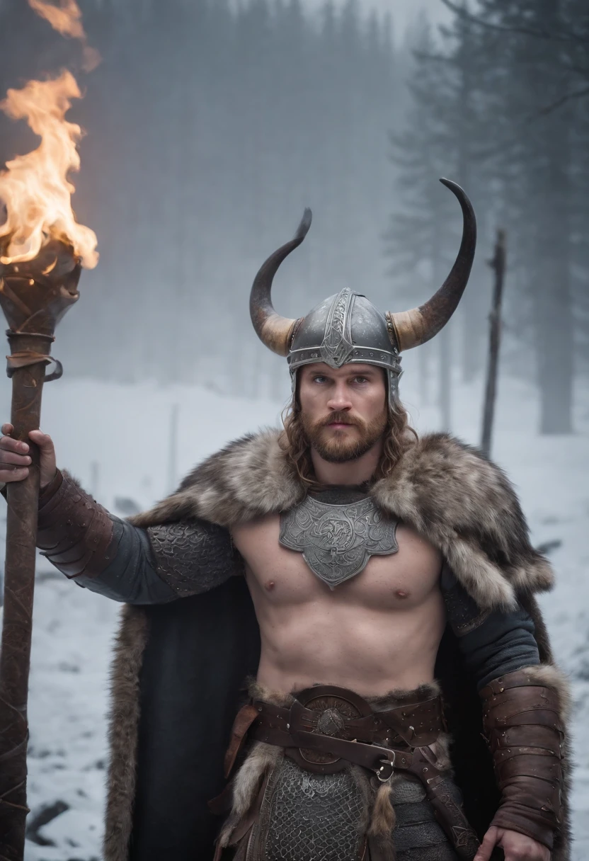 Envision an epic scene featuring a viking-inspired man adorned in highly detailed armor crafted from dragon bones, standing in a dark and foggy landscape with snow blowing behind him. Zoom in on micro-details, capturing the intricacies of his warpaint, armor, and the overall atmospheric setting.

Highlight the viking's warpaint with precise detailing, emphasizing the patterns and symbols that contribute to the fierce and intimidating appearance. Focus on the dragon bone armor, showcasing the intricate design, textures, and unique features that set it apart, all illuminated by the dim light of the torch.

Zoom in on the viking's face, capturing the determination and intensity in his expression as he holds the torch, which becomes the sole source of light in the dark and foggy scene. Emphasize the flickering light casting shadows on his features, adding depth and mystery.

Consider the snow blowing behind the viking, integrating the dynamic movement of the snowflakes into the scene. Use the dark and foggy atmosphere to create an otherworldly ambiance, enhancing the viking's imposing presence amidst the wintry landscape.

Imagine the viking in a powerful stance, ready for battle or surveying the desolate surroundings. Integrate elements like fur detailing on his attire, capturing the harshness of the environment. Craft an immersive and visually compelling scene that brings together the micro-details of the viking's appearance with the atmospheric elements of the dark, foggy, and snowy landscape.

This detailed prompt aims to inspire the creation of a highly detailed and visually captivating depiction of a viking-looking man in dragon bone armor, set in a dark and foggy scene with blowing snow, with the torchlight providing the sole source of illumination and emphasizing intricate micro-details.