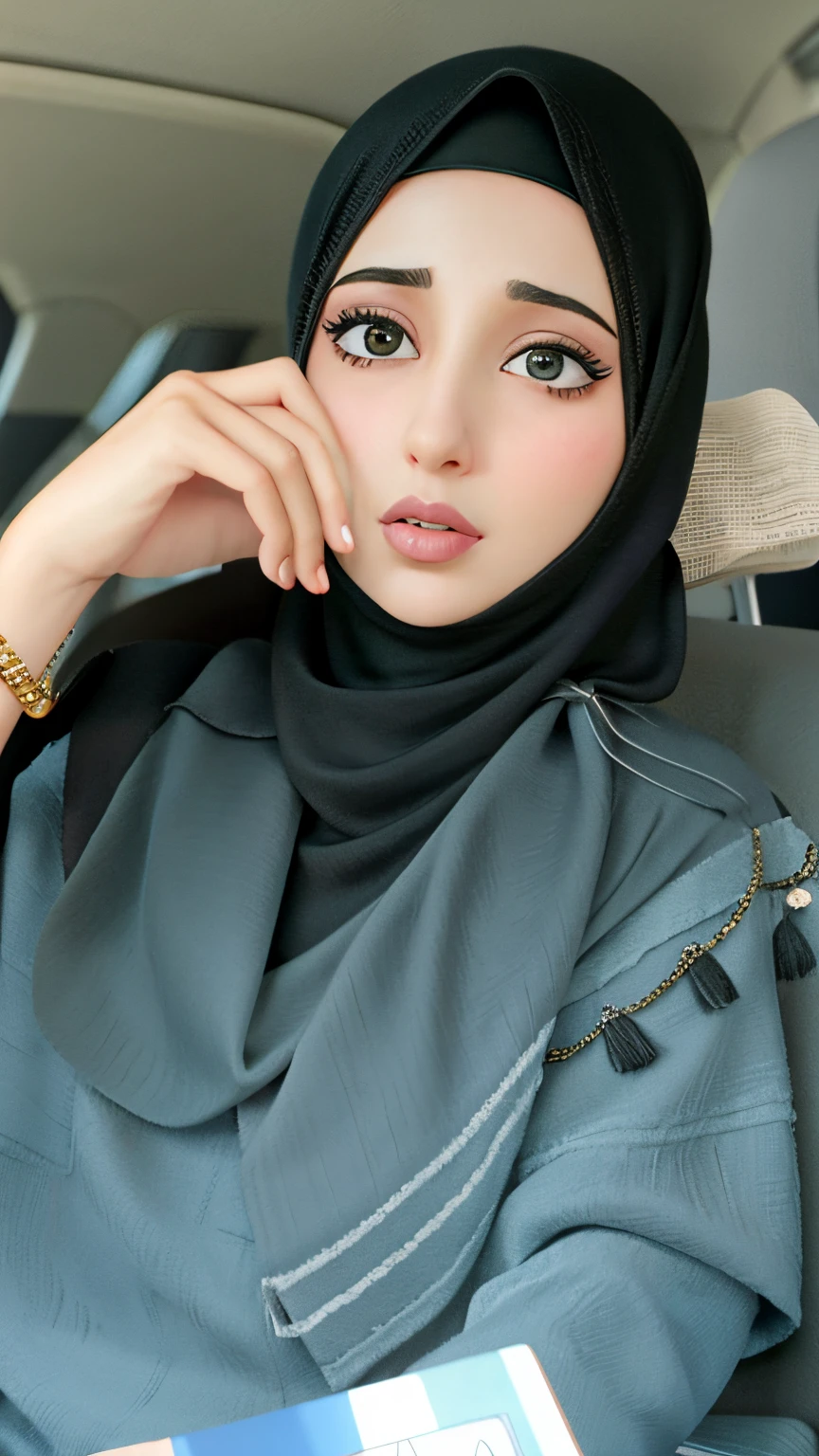 muslim woman in a car with a book and a cell phone, hijab, arab ameera al taweel, inspired by Riza Abbasi, ameera al taweel, faridah malik, arab ameera al-taweel, ameera al-taweel, 30 years old woman, 3 0 years old woman