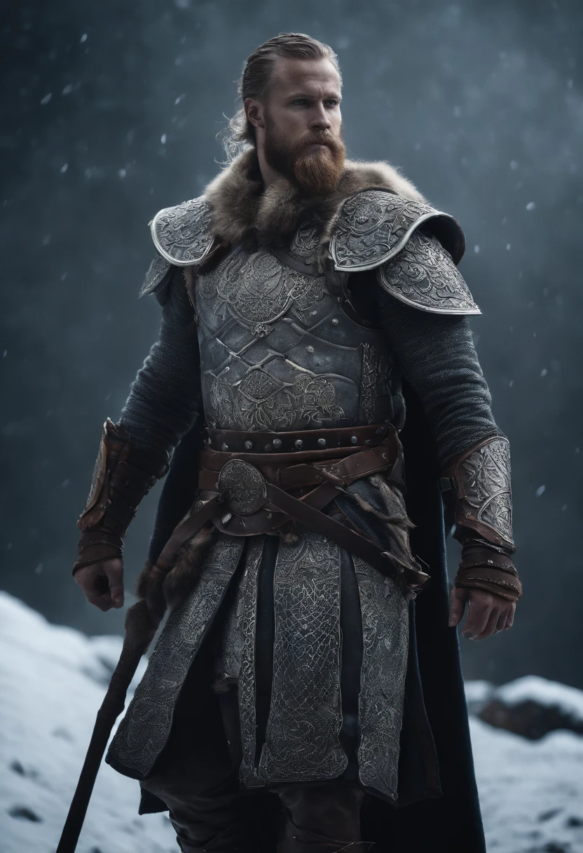 Envision an epic scene featuring a viking-inspired man adorned in highly detailed armor crafted from dragon bones, standing in a dark and foggy landscape with snow blowing behind him. Zoom in on micro-details, capturing the intricacies of his warpaint, armor, and the overall atmospheric setting.
Highlight the viking's warpaint with precise detailing, emphasizing the patterns and symbols that contribute to the fierce and intimidating appearance. Focus on the dragon bone armor, showcasing the intricate design, textures, and unique features that set it apart, all illuminated by the dim light of the torch.
Zoom in on the viking's face, capturing the determination and intensity in his expression as he holds the torch, which becomes the sole source of light in the dark and foggy scene. Emphasize the flickering light casting shadows on his features, adding depth and mystery.
Consider the snow blowing behind the viking, integrating the dynamic movement of the snowflakes into the scene. Use the dark and foggy atmosphere to create an otherworldly ambiance, enhancing the viking's imposing presence amidst the wintry landscape.
Imagine the viking in a powerful stance, ready for battle or surveying the desolate surroundings. Integrate elements like fur detailing on his attire, capturing the harshness of the environment. Craft an immersive and visually compelling scene that brings together the micro-details of the viking's appearance with the atmospheric elements of the dark, foggy, and snowy landscape.
This detailed prompt aims to inspire the creation of a highly detailed and visually captivating depiction of a viking-looking man in dragon bone armor, set in a dark and foggy scene with blowing snow, with the torchlight providing the sole source of illumination and emphasizing intricate micro-details. Intricate armour, holding torch