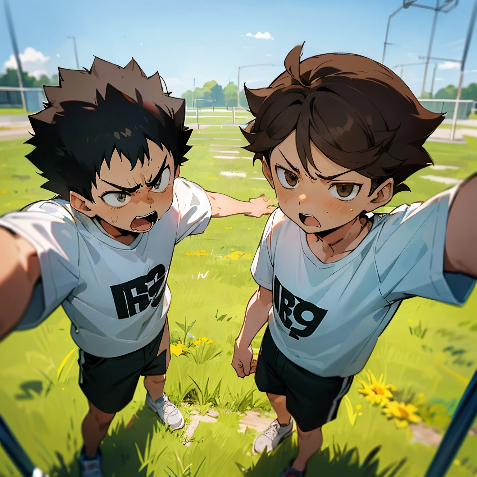 2 children, perfect detailed faces, 5 year old boys, , the 2 children are of the same height, angry faces, they had a fight, looking at viewer, white t shirt, shorts, standing in grass in playground, sunny day, dirty, iwaizumi, black hair, short hair, angry