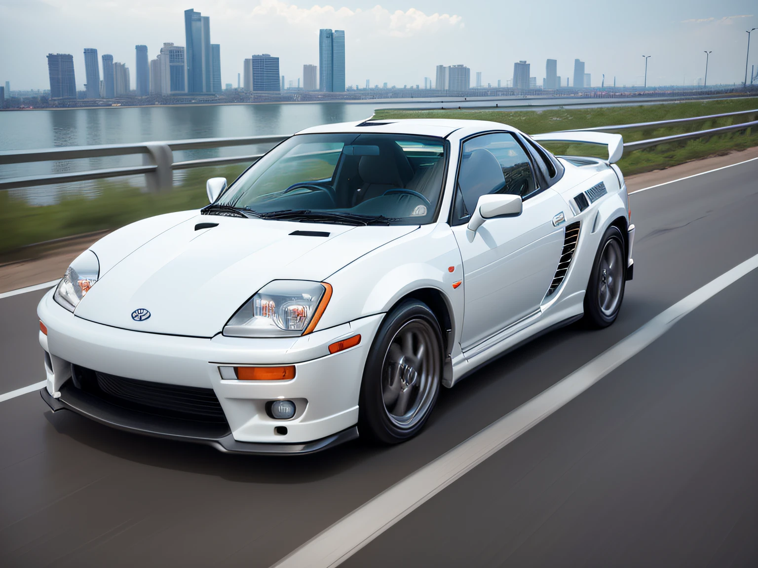 超A high resolution、An ultra-high picture quality、8K、Detailed details、marvelous expression、futuristic metropolis、A highway that passes between rows of skyscrapers、A white sports car runs gracefully on the highway.、((Toyota MR2 midship turbo4WD))