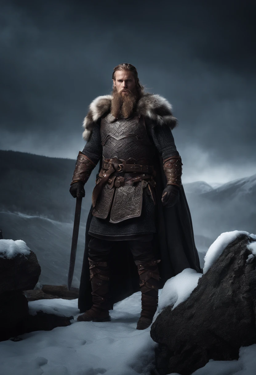 Envision an epic scene featuring a viking-inspired man adorned in highly detailed armor crafted from dragon bones, standing in a dark and foggy landscape with snow blowing behind him. Zoom in on micro-details, capturing the intricacies of his warpaint, armor, and the overall atmospheric setting.

Highlight the viking's warpaint with precise detailing, emphasizing the patterns and symbols that contribute to the fierce and intimidating appearance. Focus on the dragon bone armor, showcasing the intricate design, textures, and unique features that set it apart, all illuminated by the dim light of the torch.

Zoom in on the viking's face, capturing the determination and intensity in his expression as he holds the torch, which becomes the sole source of light in the dark and foggy scene. Emphasize the flickering light casting shadows on his features, adding depth and mystery.

Consider the snow blowing behind the viking, integrating the dynamic movement of the snowflakes into the scene. Use the dark and foggy atmosphere to create an otherworldly ambiance, enhancing the viking's imposing presence amidst the wintry landscape.

Imagine the viking in a powerful stance, ready for battle or surveying the desolate surroundings. Integrate elements like fur detailing on his attire, capturing the harshness of the environment. Craft an immersive and visually compelling scene that brings together the micro-details of the viking's appearance with the atmospheric elements of the dark, foggy, and snowy landscape.

This detailed prompt aims to inspire the creation of a highly detailed and visually captivating depiction of a viking-looking man in dragon bone armor, set in a dark and foggy scene with blowing snow, with the torchlight providing the sole source of illumination and emphasizing intricate micro-details.