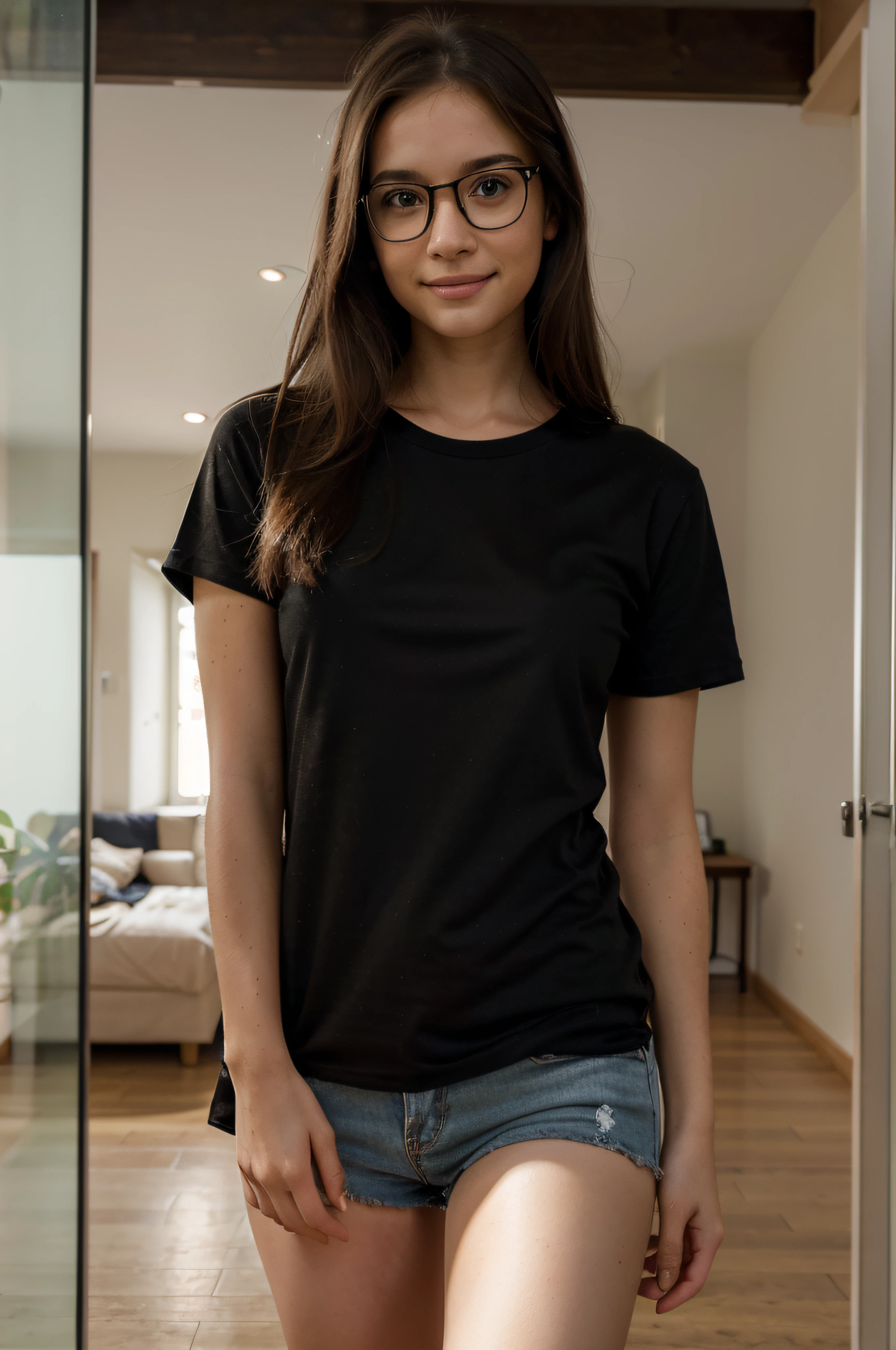 (best quality,ultra-detailed,realistic),(portraits),a young girl with glasses wearing a black t-shirt,long brown hair,lovely smile,expressive eyes,soft lighting,green garden background,lush foliage and vibrant flowers,leafy trees and a wooden bench,serene atmosphere,colorful palette,crisp focus on the girl's face,fine brush strokes,photorealistic style