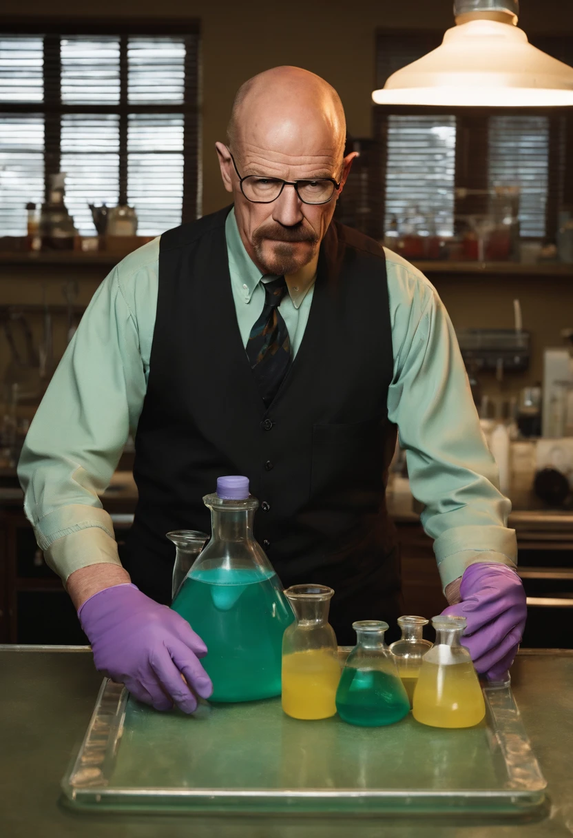 A photo of Walter wearing a black apron and gloves, meticulously measuring and mixing chemicals in a lab,Breaking Bad,Walter White, the central character of “Breaking Bad,” undergoes a dramatic transformation in appearance: from a meek, unassuming high school chemistry teacher with a mustache and glasses, to the bald, bearded figure known as “Heisenberg,” exuding menace and authority. His wardrobe shift from nondescript, muted clothing to darker, more assertive attire mirrors his descent into the criminal world.