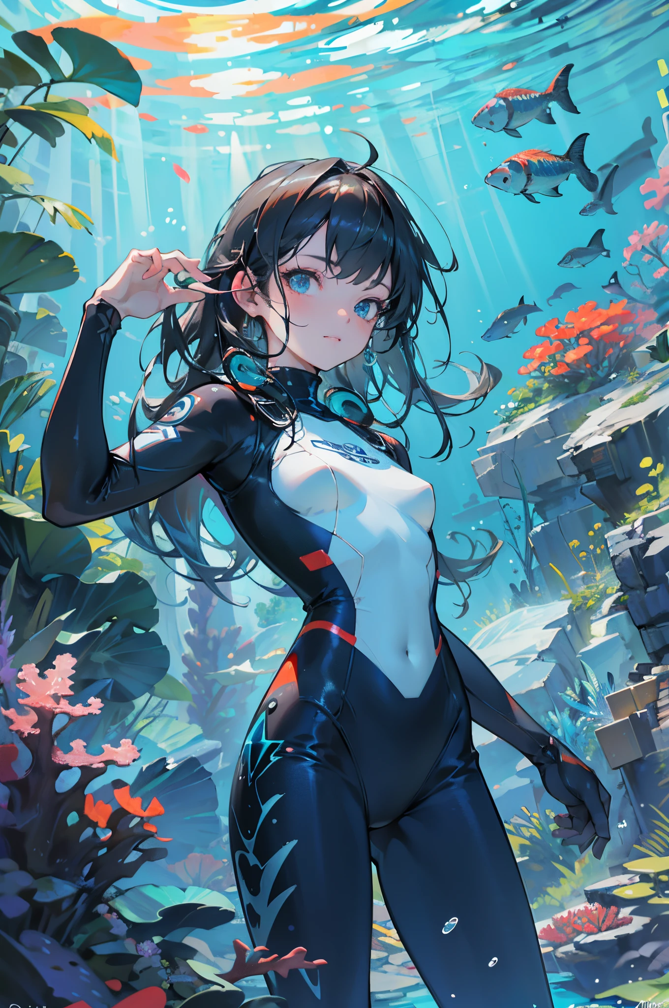 best quality,4k,8k,highres,masterpiece:1.2,ultra-detailed,realistic,
girl diving at eutopia ocean, wearing neon light wetsuit, scuba fins, 
underwater adventure, vibrant colors, crystal clear water, 
coral reefs in the background, tropical fish swimming around, 
sunlight piercing through the water, creating mesmerizing rays of light,
deep-sea exploration, stunning marine life, breathtaking scenery,
submerged in a world of tranquility and beauty.
