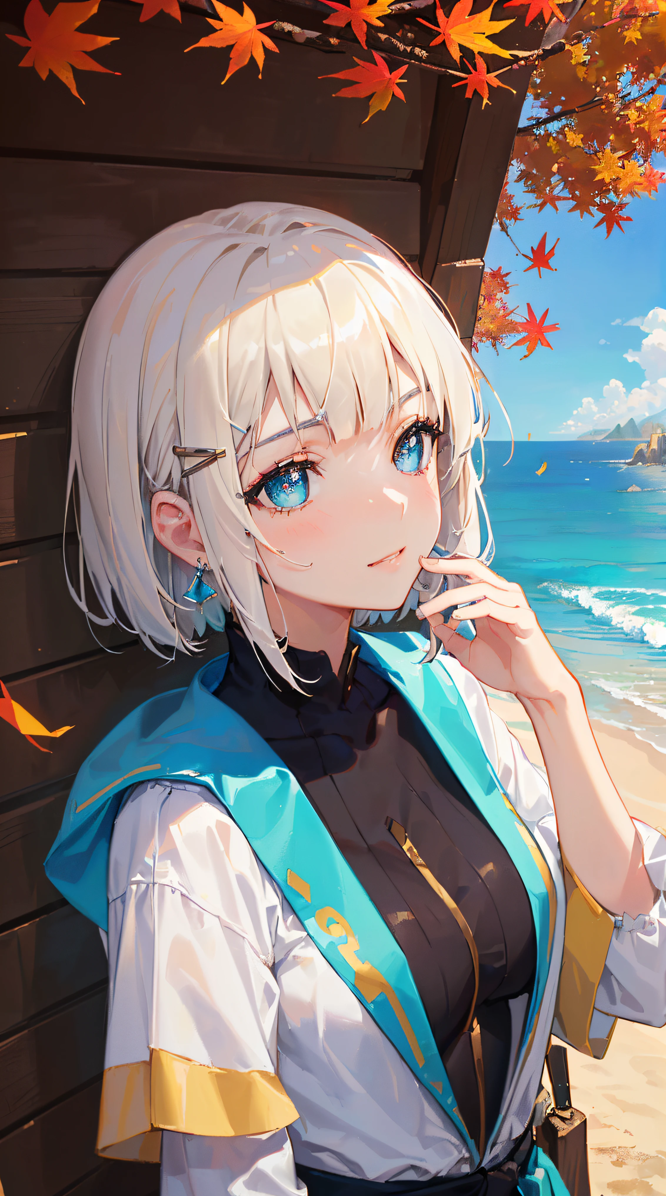 ((((autumn theme，1 noblewoman，a matural female)))),(dark night background+,perfect background)，Prom，Court etiquette，  s the perfect face， Perfect lips， perfect  eyes,)(((coast style,white hair,large blue coat,no bra,pleatedskirt)))，((1lady,adorable korean mixed race of Saudi Arabia girl，rosto magro，Solo,simple makeup,smug,))(Masterpiece,Best quality, offcial art, Beautiful and aesthetic:1.2),((超高分辨率,Golden ratio,)) (16k),((((coast,beach,))))((melon face，from above，1JK)),(Physically-based rendering),Amazing,Sharp focus, (((highdetailskin,))),Intricately detailed clothing，green pupils,Hexagram pupils,intricate pupils,((((detailed hair|short hair|long bangs|blunt bangs)))),((Slender,))(masterpiece sidelighting),(The sheen),(beautiful hair,beautiful eyes,）[[Delicate fingers and hands:0.55]::0.85],(Detail fingers),(((Superior quality)))),((unbelievable Ridiculous,)),((extremely_Detailed_Eyes_and_face)),Movie girl,(Dynamic configuration: 1.2),Brilliant,Beautiful lady, (Photorealistic),( coconut trees,), mitts, triangle crystal earrings, ((hairclip)), Light particles, view to the sky,  petals, Side Rock, two-sided fabric