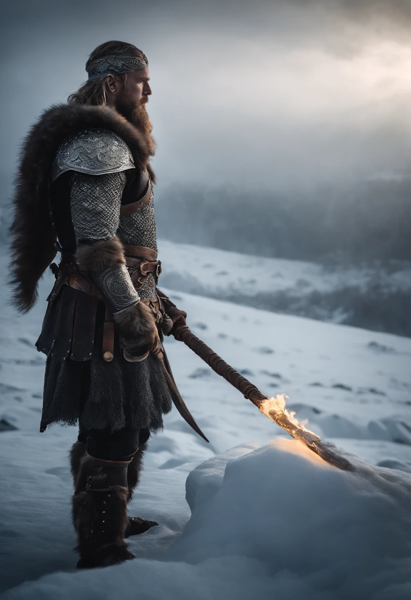 Envision an epic scene featuring a viking-inspired man adorned in highly detailed armor crafted from dragon bones, standing in a dark and foggy landscape with snow blowing behind him. Zoom in on micro-details, capturing the intricacies of his warpaint, armor, and the overall atmospheric setting.

Highlight the viking's warpaint with precise detailing, emphasizing the patterns and symbols that contribute to the fierce and intimidating appearance. Focus on the dragon bone armor, showcasing the intricate design, textures, and unique features that set it apart, all illuminated by the dim light of the torch.

Zoom in on the viking's face, capturing the determination and intensity in his expression as he holds the torch, which becomes the sole source of light in the dark and foggy scene. Emphasize the flickering light casting shadows on his features, adding depth and mystery.

Consider the snow blowing behind the viking, integrating the dynamic movement of the snowflakes into the scene. Use the dark and foggy atmosphere to create an otherworldly ambiance, enhancing the viking's imposing presence amidst the wintry landscape.

Imagine the viking in a powerful stance, ready for battle or surveying the desolate surroundings. Integrate elements like fur detailing on his attire, capturing the harshness of the environment. Craft an immersive and visually compelling scene that brings together the micro-details of the viking's appearance with the atmospheric elements of the dark, foggy, and snowy landscape.

This detailed prompt aims to inspire the creation of a highly detailed and visually captivating depiction of a viking-looking man in dragon bone armor, set in a dark and foggy scene with blowing snow, with the torchlight providing the sole source of illumination and emphasizing intricate micro-details. DragonBone Armour, holding Flaming Torch