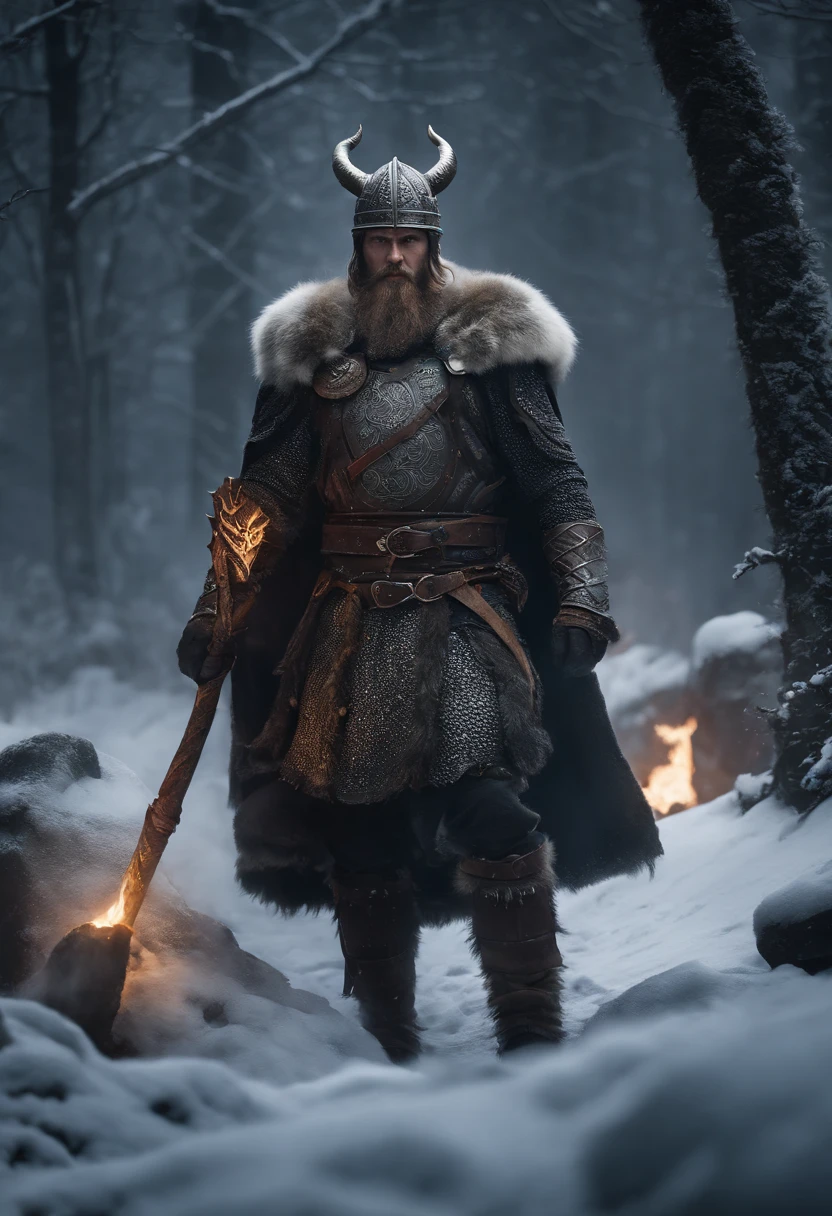 Envision an epic scene featuring a viking-inspired man adorned in highly detailed armor crafted from dragon bones, standing in a dark and foggy landscape with snow blowing behind him. Zoom in on micro-details, capturing the intricacies of his warpaint, armor, and the overall atmospheric setting.

Highlight the viking's warpaint with precise detailing, emphasizing the patterns and symbols that contribute to the fierce and intimidating appearance. Focus on the dragon bone armor, showcasing the intricate design, textures, and unique features that set it apart, all illuminated by the dim light of the torch.

Zoom in on the viking's face, capturing the determination and intensity in his expression as he holds the torch, which becomes the sole source of light in the dark and foggy scene. Emphasize the flickering light casting shadows on his features, adding depth and mystery.

Consider the snow blowing behind the viking, integrating the dynamic movement of the snowflakes into the scene. Use the dark and foggy atmosphere to create an otherworldly ambiance, enhancing the viking's imposing presence amidst the wintry landscape.

Imagine the viking in a powerful stance, ready for battle or surveying the desolate surroundings. Integrate elements like fur detailing on his attire, capturing the harshness of the environment. Craft an immersive and visually compelling scene that brings together the micro-details of the viking's appearance with the atmospheric elements of the dark, foggy, and snowy landscape.

This detailed prompt aims to inspire the creation of a highly detailed and visually captivating depiction of a viking-looking man in dragon bone armor, set in a dark and foggy scene with blowing snow, with the torchlight providing the sole source of illumination and emphasizing intricate micro-details. DragonBone Armour, holding Flaming Torch