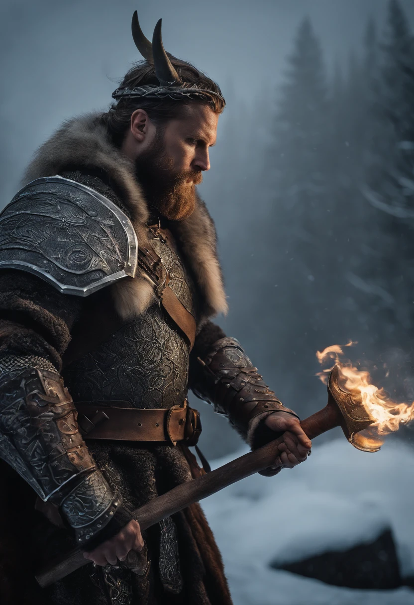 Envision an epic scene featuring a viking-inspired man adorned in highly detailed armor crafted from dragon bones, standing in a dark and foggy landscape with snow blowing behind him. Zoom in on micro-details, capturing the intricacies of his warpaint, armor, and the overall atmospheric setting.
Highlight the viking's warpaint with precise detailing, emphasizing the patterns and symbols that contribute to the fierce and intimidating appearance. Focus on the dragon bone armor, showcasing the intricate design, textures, and unique features that set it apart, all illuminated by the dim light of the torch.
Zoom in on the viking's face, capturing the determination and intensity in his expression as he holds the torch, which becomes the sole source of light in the dark and foggy scene. Emphasize the flickering light casting shadows on his features, adding depth and mystery.
Consider the snow blowing behind the viking, integrating the dynamic movement of the snowflakes into the scene. Use the dark and foggy atmosphere to create an otherworldly ambiance, enhancing the viking's imposing presence amidst the wintry landscape.
Imagine the viking in a powerful stance, ready for battle or surveying the desolate surroundings. Integrate elements like fur detailing on his attire, capturing the harshness of the environment. Craft an immersive and visually compelling scene that brings together the micro-details of the viking's appearance with the atmospheric elements of the dark, foggy, and snowy landscape.
This detailed prompt aims to inspire the creation of a highly detailed and visually captivating depiction of a viking-looking man in dragon bone armor, set in a dark and foggy scene with blowing snow, with the torchlight providing the sole source of illumination and emphasizing intricate micro-details. DragonBone Armour, holding Flaming Torch