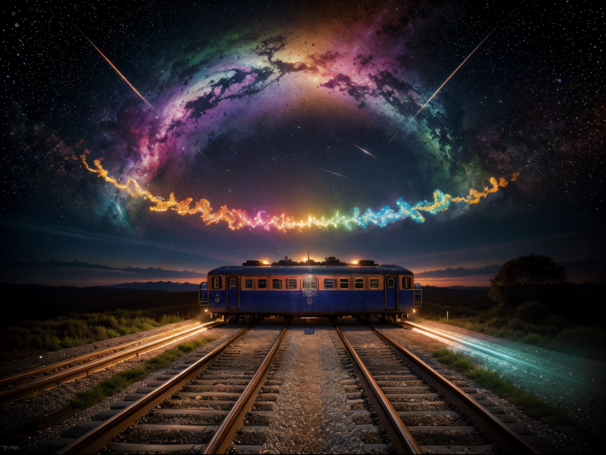 The train rushes through time and space, psychedelic art, digital arts, Intricate, mysteriously, is beautiful, Masterpiece