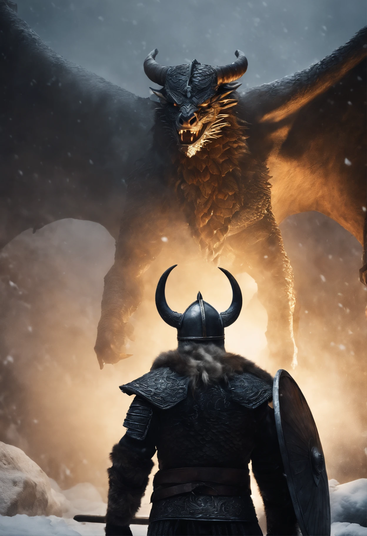 Envision an epic scene featuring a viking-inspired man adorned in highly detailed armor crafted from dragon bones, standing in a dark and foggy landscape with snow blowing behind him. Zoom in on micro-details, capturing the intricacies of his warpaint, armor, and the overall atmospheric setting.
Highlight the viking's warpaint with precise detailing, emphasizing the patterns and symbols that contribute to the fierce and intimidating appearance. Focus on the dragon bone armor, showcasing the intricate design, textures, and unique features that set it apart, all illuminated by the dim light of the torch.
Zoom in on the viking's face, capturing the determination and intensity in his expression as he holds the torch, which becomes the sole source of light in the dark and foggy scene. Emphasize the flickering light casting shadows on his features, adding depth and mystery.
Consider the snow blowing behind the viking, integrating the dynamic movement of the snowflakes into the scene. Use the dark and foggy atmosphere to create an otherworldly ambiance, enhancing the viking's imposing presence amidst the wintry landscape.
Imagine the viking in a powerful stance, ready for battle or surveying the desolate surroundings. Integrate elements like fur detailing on his attire, capturing the harshness of the environment. Craft an immersive and visually compelling scene that brings together the micro-details of the viking's appearance with the atmospheric elements of the dark, foggy, and snowy landscape.
This detailed prompt aims to inspire the creation of a highly detailed and visually captivating depiction of a viking-looking man in dragon bone armor, set in a dark and foggy scene with blowing snow, with the torchlight providing the sole source of illumination and emphasizing intricate micro-details.