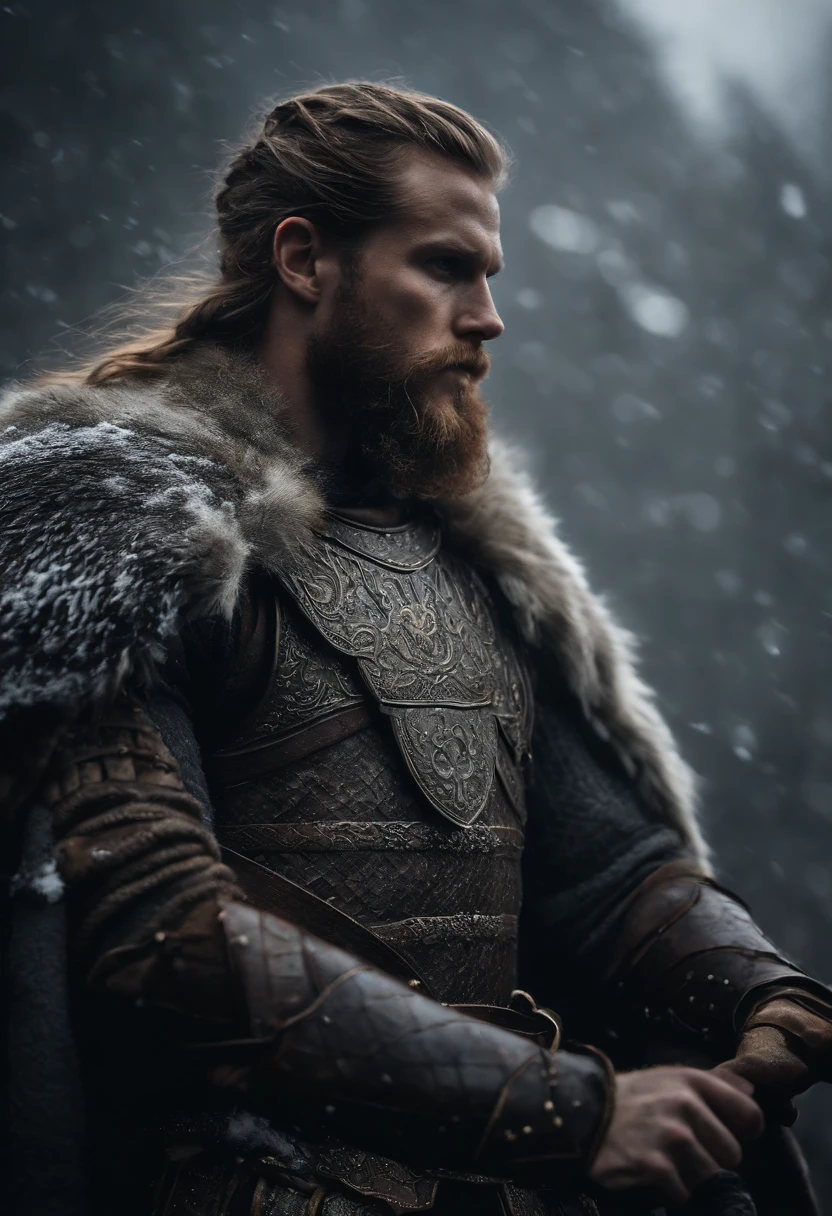 Envision an epic scene featuring a viking-inspired man adorned in highly detailed armor crafted from dragon bones, standing in a dark and foggy landscape with snow blowing behind him. Zoom in on micro-details, capturing the intricacies of his warpaint, armor, and the overall atmospheric setting.
Highlight the viking's warpaint with precise detailing, emphasizing the patterns and symbols that contribute to the fierce and intimidating appearance. Focus on the dragon bone armor, showcasing the intricate design, textures, and unique features that set it apart, all illuminated by the dim light of the torch.
Zoom in on the viking's face, capturing the determination and intensity in his expression as he holds the torch, which becomes the sole source of light in the dark and foggy scene. Emphasize the flickering light casting shadows on his features, adding depth and mystery.
Consider the snow blowing behind the viking, integrating the dynamic movement of the snowflakes into the scene. Use the dark and foggy atmosphere to create an otherworldly ambiance, enhancing the viking's imposing presence amidst the wintry landscape.
Imagine the viking in a powerful stance, ready for battle or surveying the desolate surroundings. Integrate elements like fur detailing on his attire, capturing the harshness of the environment. Craft an immersive and visually compelling scene that brings together the micro-details of the viking's appearance with the atmospheric elements of the dark, foggy, and snowy landscape.
This detailed prompt aims to inspire the creation of a highly detailed and visually captivating depiction of a viking-looking man in dragon bone armor, set in a dark and foggy scene with blowing snow, with the torchlight providing the sole source of illumination and emphasizing intricate micro-details. Flaming Dragon in background