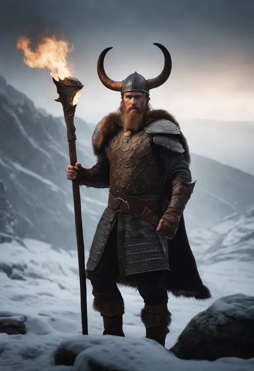 Envision an epic scene featuring a viking-inspired man adorned in highly detailed armor crafted from dragon bones, standing in a dark and foggy landscape with snow blowing behind him. Zoom in on micro-details, capturing the intricacies of his warpaint, armor, and the overall atmospheric setting.

Highlight the viking's warpaint with precise detailing, emphasizing the patterns and symbols that contribute to the fierce and intimidating appearance. Focus on the dragon bone armor, showcasing the intricate design, textures, and unique features that set it apart, all illuminated by the dim light of the torch.

Zoom in on the viking's face, capturing the determination and intensity in his expression as he holds the torch, which becomes the sole source of light in the dark and foggy scene. Emphasize the flickering light casting shadows on his features, adding depth and mystery.

Consider the snow blowing behind the viking, integrating the dynamic movement of the snowflakes into the scene. Use the dark and foggy atmosphere to create an otherworldly ambiance, enhancing the viking's imposing presence amidst the wintry landscape.

Imagine the viking in a powerful stance, ready for battle or surveying the desolate surroundings. Integrate elements like fur detailing on his attire, capturing the harshness of the environment. Craft an immersive and visually compelling scene that brings together the micro-details of the viking's appearance with the atmospheric elements of the dark, foggy, and snowy landscape.

This detailed prompt aims to inspire the creation of a highly detailed and visually captivating depiction of a viking-looking man in dragon bone armor, set in a dark and foggy scene with blowing snow, with the torchlight providing the sole source of illumination and emphasizing intricate micro-details. Flaming Dragon in background