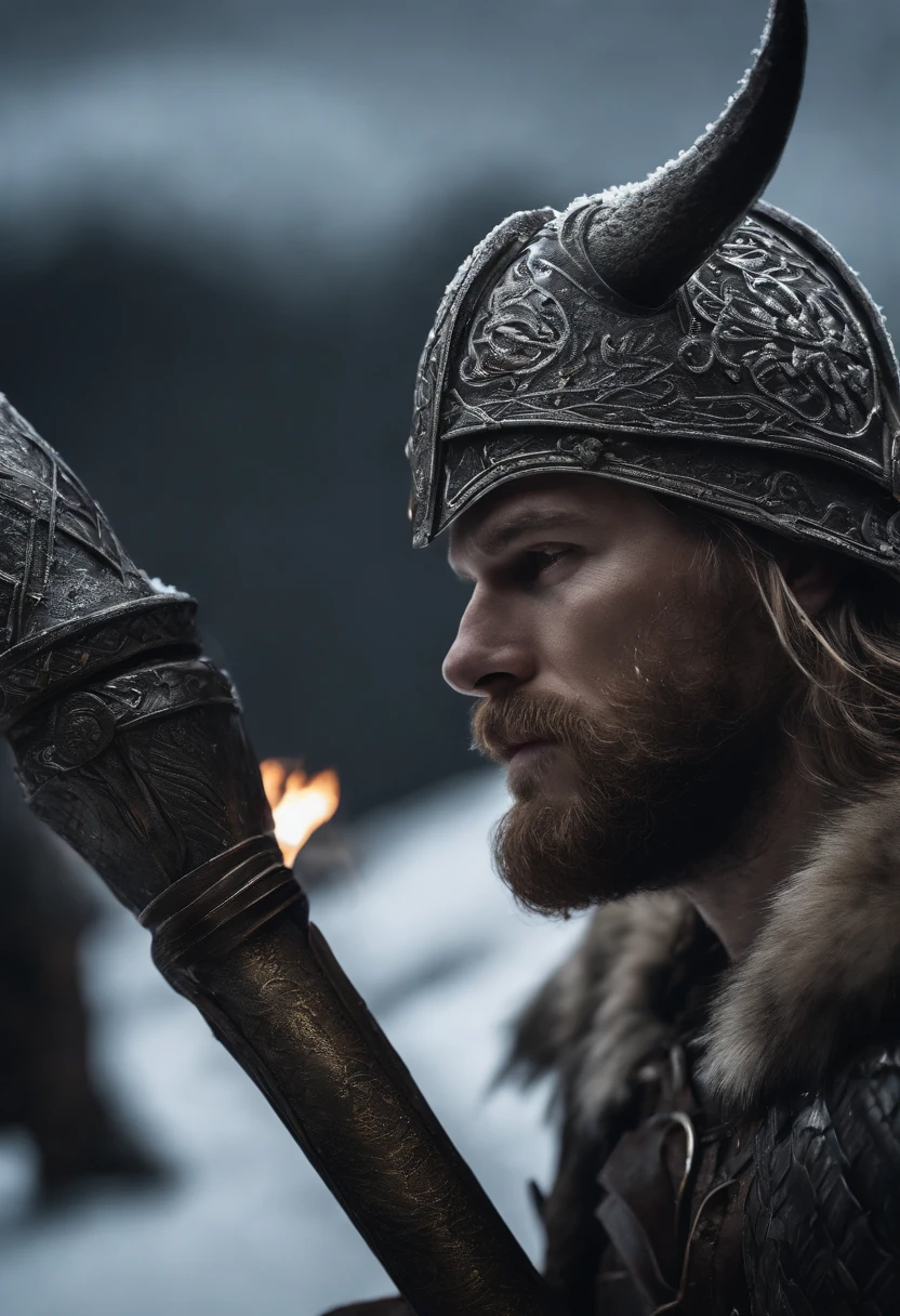 Envision an epic scene featuring a viking-inspired man adorned in highly detailed armor crafted from dragon bones, standing in a dark and foggy landscape with snow blowing behind him. Zoom in on micro-details, capturing the intricacies of his warpaint, armor, and the overall atmospheric setting.
Highlight the viking's warpaint with precise detailing, emphasizing the patterns and symbols that contribute to the fierce and intimidating appearance. Focus on the dragon bone armor, showcasing the intricate design, textures, and unique features that set it apart, all illuminated by the dim light of the torch.
Zoom in on the viking's face, capturing the determination and intensity in his expression as he holds the torch, which becomes the sole source of light in the dark and foggy scene. Emphasize the flickering light casting shadows on his features, adding depth and mystery.
Consider the snow blowing behind the viking, integrating the dynamic movement of the snowflakes into the scene. Use the dark and foggy atmosphere to create an otherworldly ambiance, enhancing the viking's imposing presence amidst the wintry landscape.
Imagine the viking in a powerful stance, ready for battle or surveying the desolate surroundings. Integrate elements like fur detailing on his attire, capturing the harshness of the environment. Craft an immersive and visually compelling scene that brings together the micro-details of the viking's appearance with the atmospheric elements of the dark, foggy, and snowy landscape.
This detailed prompt aims to inspire the creation of a highly detailed and visually captivating depiction of a viking-looking man in dragon bone armor, set in a dark and foggy scene with blowing snow, with the torchlight providing the sole source of illumination and emphasizing intricate micro-details. Flaming Dragon in background