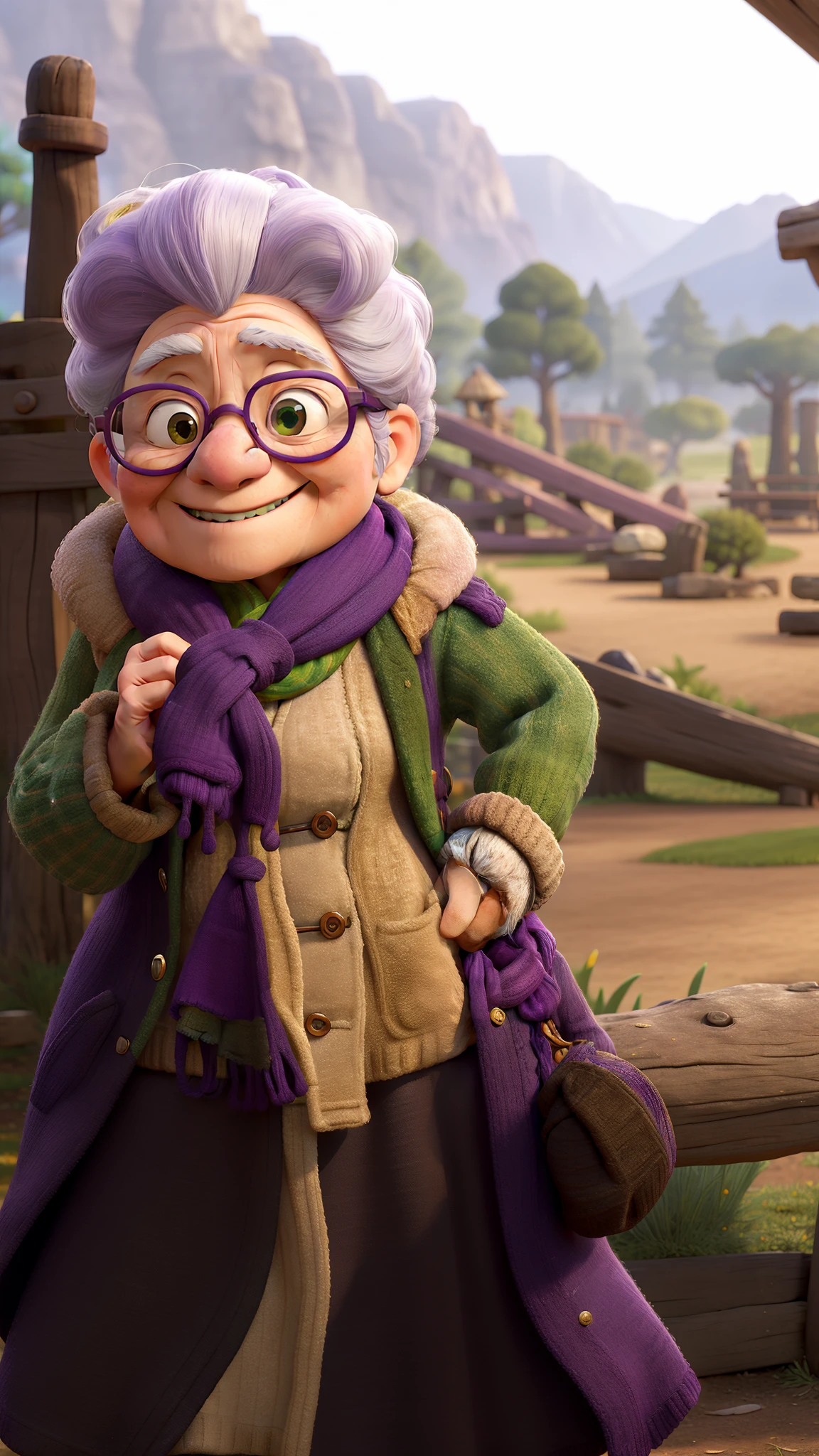 masterpiece, best quality, an old woman with glasses and a scarf on, wearing a purple coat and green scarf, standing at the park