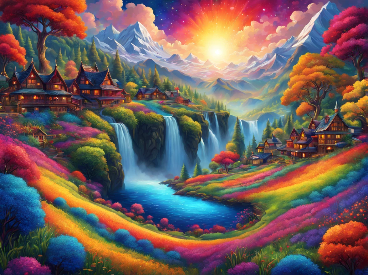 landscape, art by (Akrokan), mesmerizing digital painting, vivid colors, elaborate, breathtaking, chromatic nanotechnology, magnificent, iridescent particles, mesmerizing pattern of kaleidoscopic colors, nanotechnological display, vibrant hues, (detailed:1.4), best quality, particles, digital painting, H!D