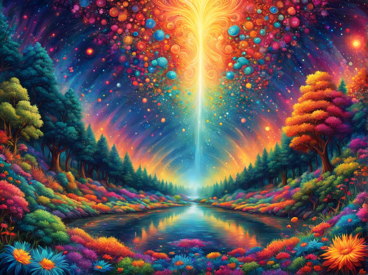 landscape, art by (Akrokan), mesmerizing digital painting, vivid colors, elaborate, breathtaking, chromatic nanotechnology, magnificent, iridescent particles, mesmerizing pattern of kaleidoscopic colors, nanotechnological display, vibrant hues, (detailed:1.4), best quality, particles, digital painting, H!D