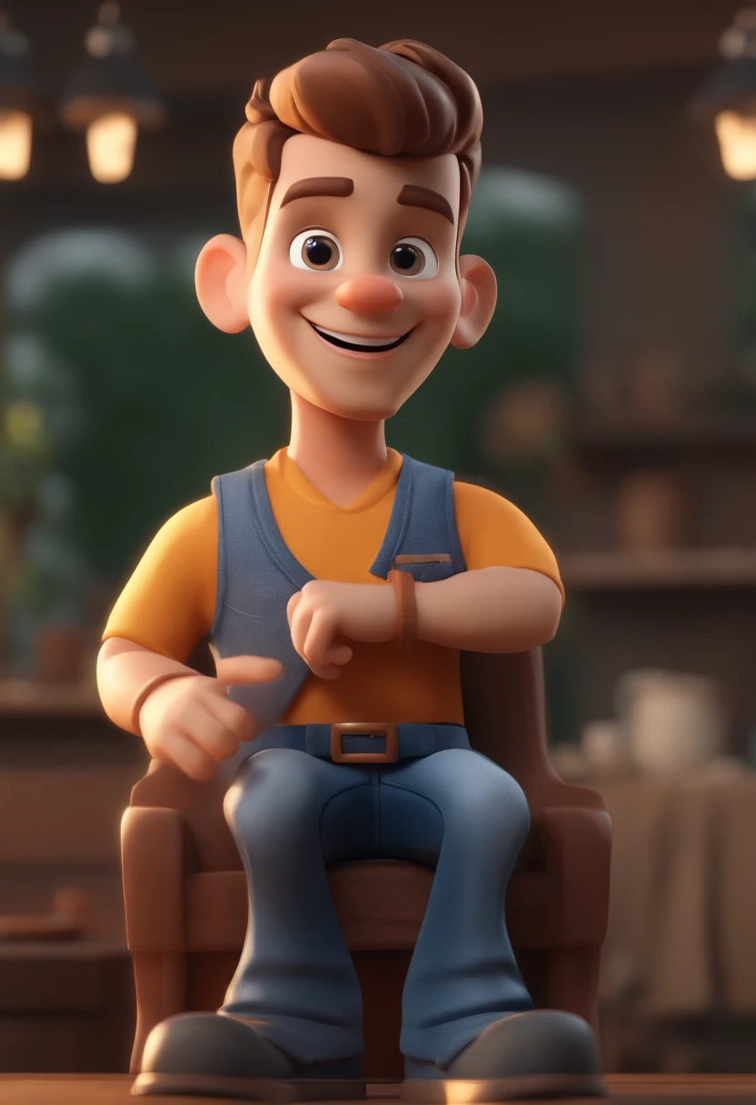 Cartoon character of a man in jeans and a blue shirt, um personagem animado, Caractere estilizado, animation style rendering, 3D estilizado, 3 d render stylized, toon render keyshot, Personagem 3D, Personagem 3D, 3d rendering stylized, 3 d character render, personagem de desenho animado, Personagem de close up, Pose de personagem, (master part:1.2) (Bokeh) (best quality) (pele detalhada) (textura detalhada) (8k) (argila) (Cinematic lighting) (foco nítido,Senta e vaza a parte superior do corpo