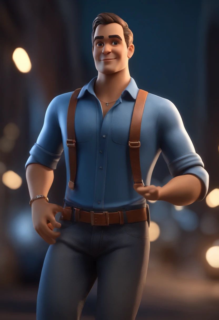 Cartoon character of a man in jeans and a blue shirt, um personagem animado, Caractere estilizado, animation style rendering, 3D estilizado,  3 d render stylized, toon render keyshot, Personagem 3D, Personagem 3D, 3d rendering stylized, 3 d character render, personagem de desenho animado, Personagem de close up, Pose de personagem,  (master part:1.2) (Bokeh) (best quality) (pele detalhada) (textura detalhada) (8k) (argila) (Cinematic lighting) (foco nítido，Senta e vaza a parte superior do corpo