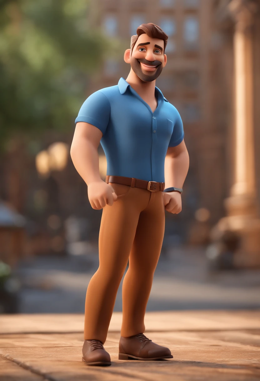 Cartoon character of a man in jeans and a blue shirt, um personagem animado, Caractere estilizado, animation style rendering, 3D estilizado,  3 d render stylized, toon render keyshot, Personagem 3D, Personagem 3D, 3d rendering stylized, 3 d character render, personagem de desenho animado, Personagem de close up, Pose de personagem,  (master part:1.2) (Bokeh) (best quality) (pele detalhada) (textura detalhada) (8k) (argila) (Cinematic lighting) (foco nítido，Senta e vaza a parte superior do corpo