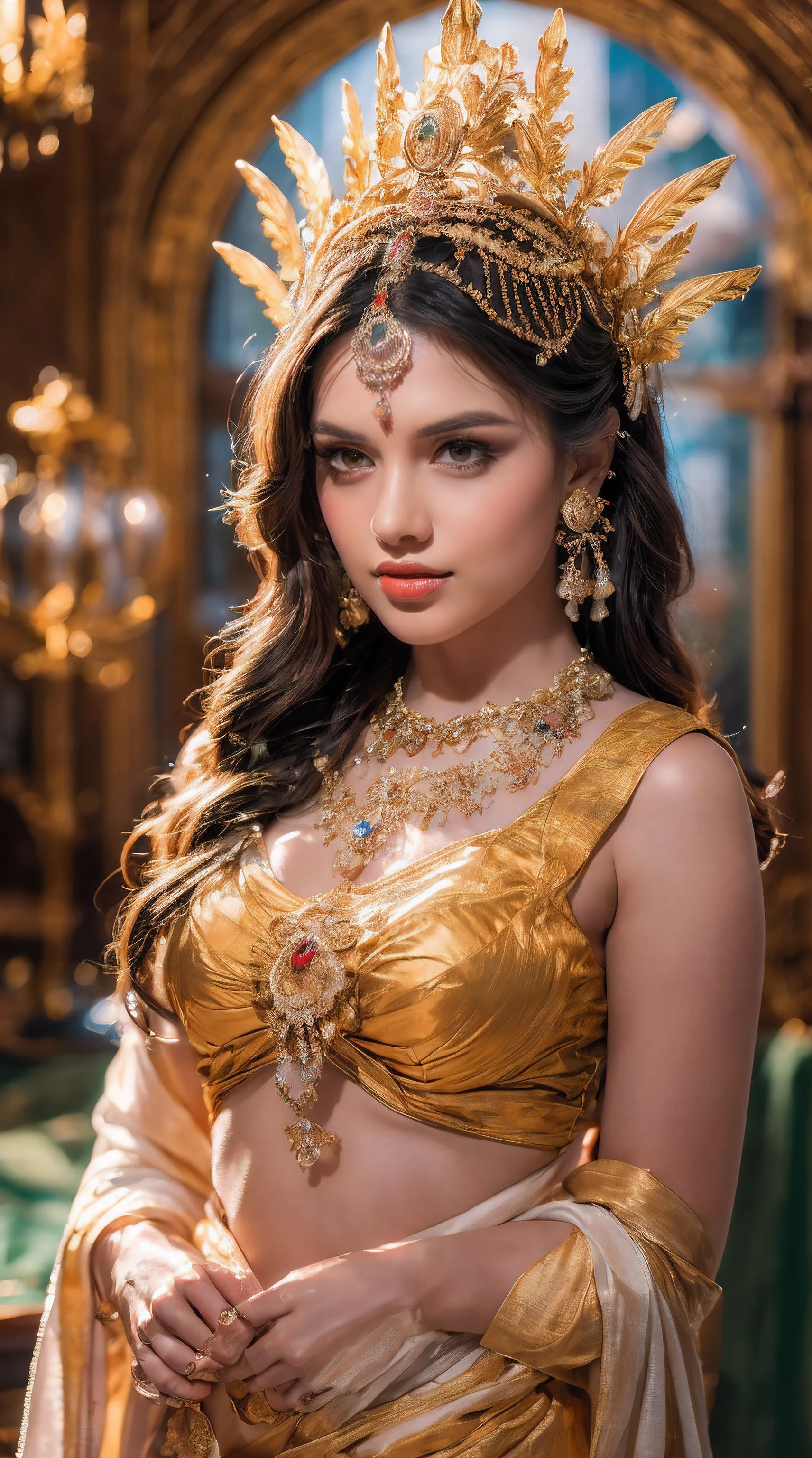 ((Best quality, 8k, Masterpiece :1.3)), Sharp focus :1.2, Generate a realistic image of a beautiful, cute beauty fully naked without dress , adorned with traditional ornaments, standing in a well-lit room with cinematic lighting. ((Front view, random elegant pose)), and there is a sense of grace and elegance in her posture. The background should complement the scene, enhancing the overall aesthetic appeal of the image. Photography by Brandon Woelfel, Full shot: Canon EF 16-35mm f/2.8L III USM lens on a Canon EOS 5D Mark IV camera, ultra realistic, 32k, HD