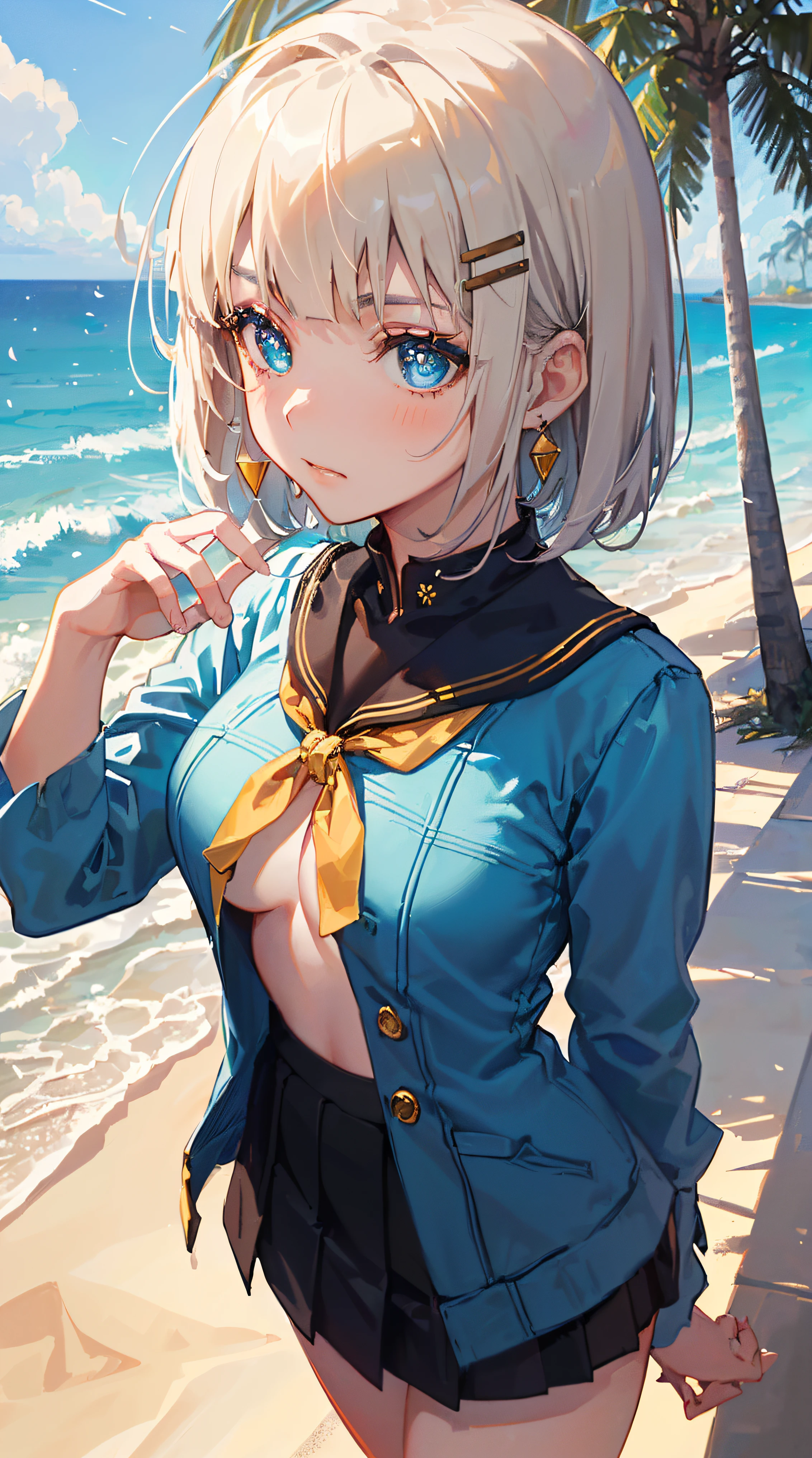 ((((autumn theme，1 noblewoman，a matural female)))),(dark night background+,perfect background)，Prom，Court etiquette，  s the perfect face， Perfect lips， perfect  eyes,)(((coast style,white hair,large blue serafuku,no bra,miniskirt)))，((1lady,adorable korean mixed race of Saudi Arabia girl，rosto magro，Solo,simple makeup,smug,))(Masterpiece,Best quality, offcial art, Beautiful and aesthetic:1.2),((超高分辨率,Golden ratio,)) (16k),((((coast,beach,))))((melon face，from above，1JK)),(Physically-based rendering),Amazing,Sharp focus, (((highdetailskin,))),Intricately detailed clothing，green pupils,Hexagram pupils,intricate pupils,((((detailed hair|short hair|long bangs|blunt bangs)))),((Slender,))(masterpiece sidelighting),(The sheen),(beautiful hair,beautiful eyes,）[[Delicate fingers and hands:0.55]::0.85],(Detail fingers),(((Superior quality)))),((unbelievable Ridiculous,)),((extremely_Detailed_Eyes_and_face)),Movie girl,(Dynamic configuration: 1.2),Brilliant,Beautiful lady, (Photorealistic),( coconut trees,), mitts, triangle crystal earrings, ((hairclip)), Light particles, view to the sky,  petals, Side Rock, two-sided fabric