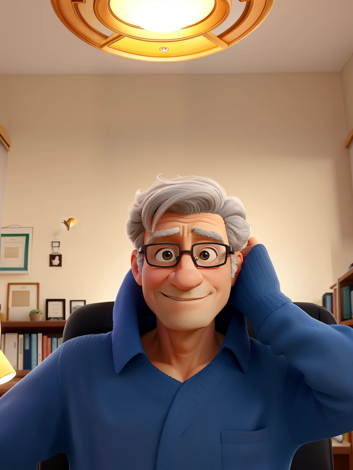 Un homme de 80 ans, help sage sur un siège disadvantage, eclairé pour la lumière d'connecter une lampe au plafond, in the chair of a library. mur derrière lui il yaa des chasses fusils et des objets de l'époque soviétiques. Sa main n'apparait pas dans le cadre.