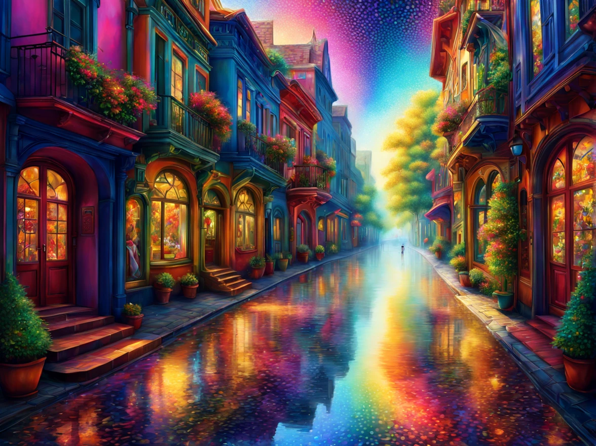 landscape, walking down the street, art by (Akrokan), mesmerizing digital painting, vivid colors, elaborate, breathtaking, chromatic nanotechnology, magnificent, iridescent particles, mesmerizing pattern of kaleidoscopic colors, nanotechnological display, vibrant hues, (detailed:1.4), best quality, particles, digital painting, H!D