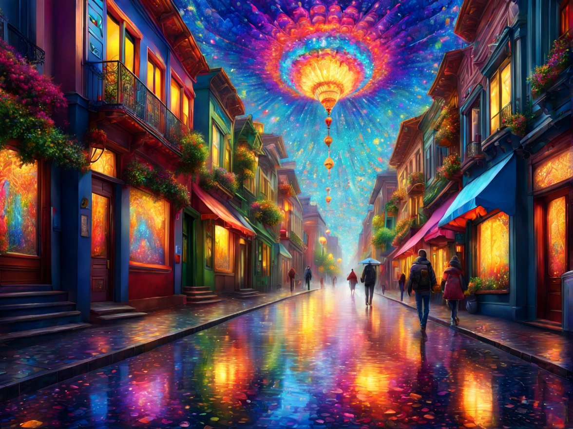 landscape, walking down the street, art by (Akrokan), mesmerizing digital painting, vivid colors, elaborate, breathtaking, chromatic nanotechnology, magnificent, iridescent particles, mesmerizing pattern of kaleidoscopic colors, nanotechnological display, vibrant hues, (detailed:1.4), best quality, particles, digital painting, H!D