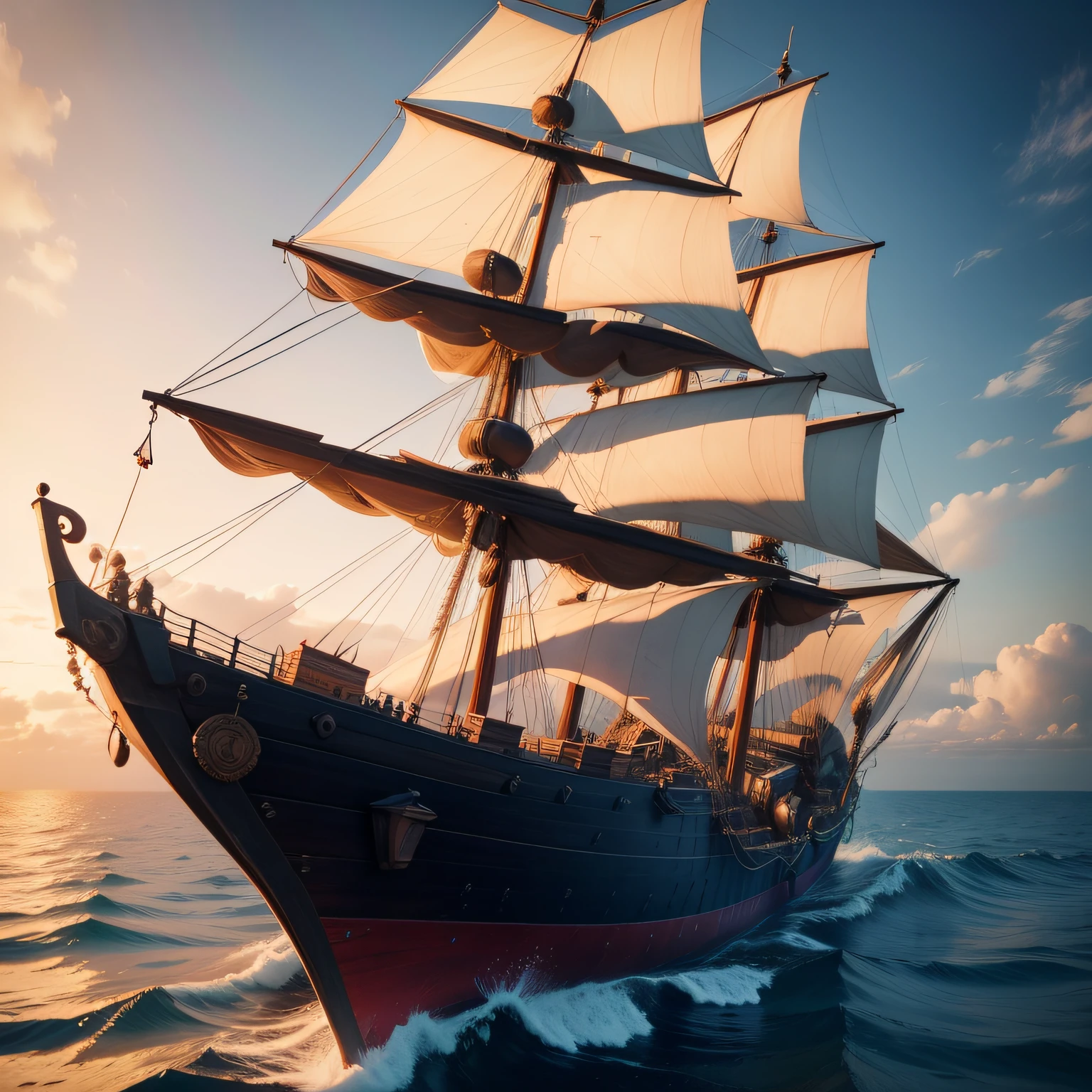 calm sea, a brig (wooden ship) and magnificent. 3D, 4k