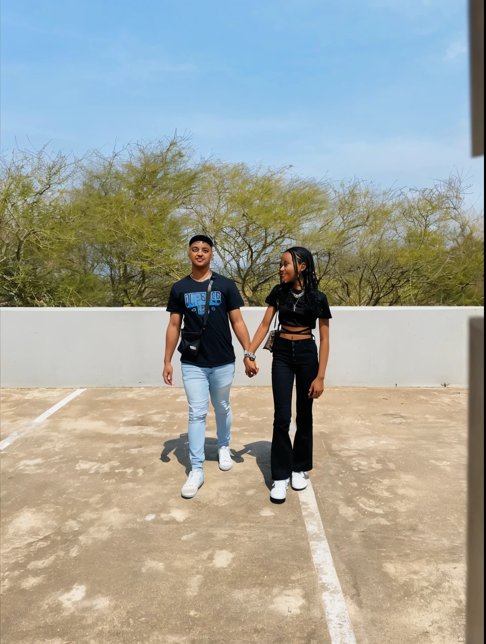 there are two people standing in a parking lot holding hands, standing on a rooftop, standing on rooftop, couple pose, taken in the early 2020s, on rooftop, smooth in _ the background, they are in love, wide shot!!!!!!, 😭 🤮 💕 🎀, on a rooftop, standing in a parking lot, intertwined full body view