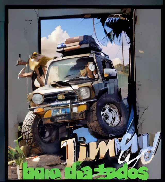drawing of an orange jimny with a very large wheel and luggage on the roof, no interior de uma floresta em meio a uma trilha com atoleiro, white skinny driver with short hair scared by the situation, Cheerful blonde woman inside the vehicle with half her body out the car window photographing the situation.