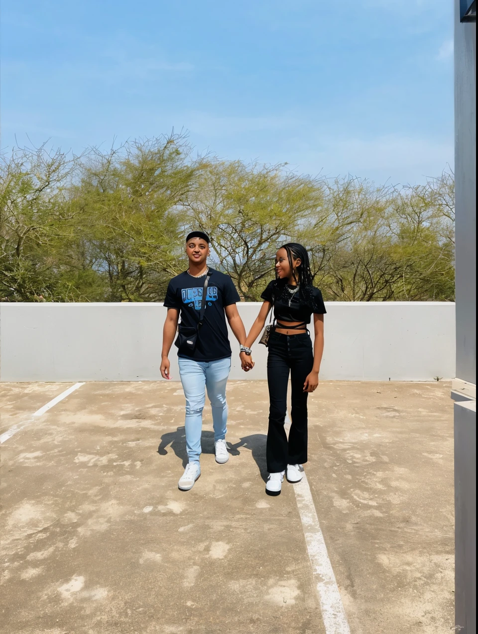 there are two people standing in a parking lot holding hands, standing on a rooftop, standing on rooftop, couple pose, taken in the early 2020s, on rooftop, smooth in _ the background, they are in love, wide shot!!!!!!, 😭 🤮 💕 🎀, on a rooftop, standing in a parking lot, intertwined full body view
