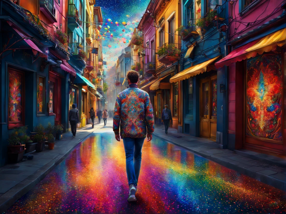 portrait, full body, walking down the street, art by (Akrokan), mesmerizing digital painting, vivid colors, elaborate, breathtaking, chromatic nanotechnology, magnificent, iridescent particles, mesmerizing pattern of kaleidoscopic colors, nanotechnological display, vibrant hues, (detailed:1.4), best quality, particles, digital painting, H!D